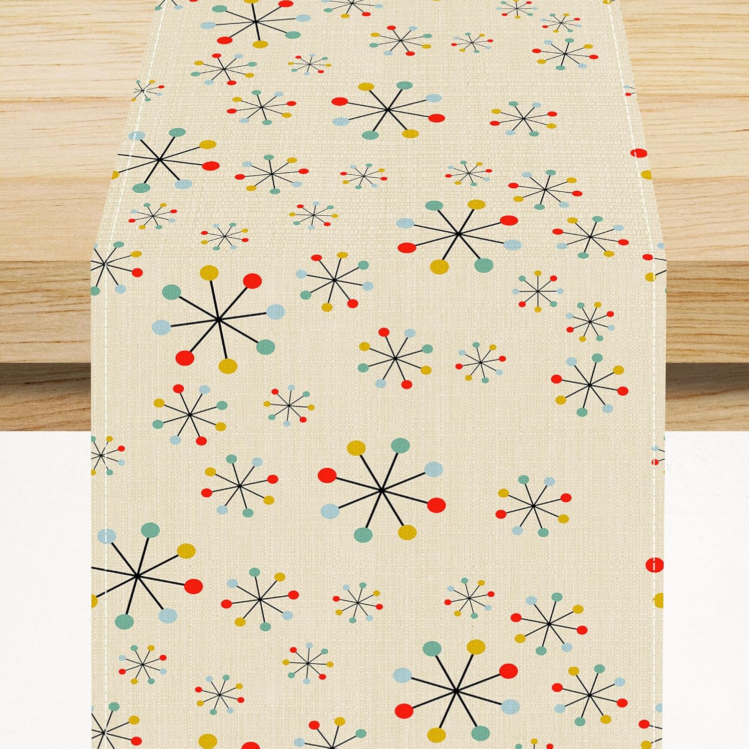 Medieval Geometry Linen Table Runner, Modern Retro Minimal 60s 70s Iconic Colorful Line Circle Atomic Starburst Pattern Home Decor for Party Living Room Kitchen Dining Coffee Table 13x108in x1 Panel