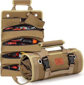 BAQRAXIA Tool Bag, Roll Up Small Tools Box Storage, Heavy Duty Tool Organizer with 2 Detachable Tool Pouch, Tool Gifts for Men Dad Husband Boyfriend Grandpa, Presents for Christmas Birthday Khaki