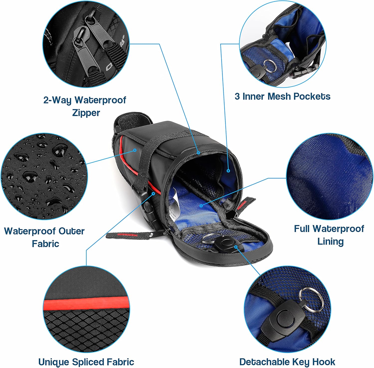 Bike Seat Bag Waterproof 1.1L Sturdy ClipOn Strap Red Bike Bags For