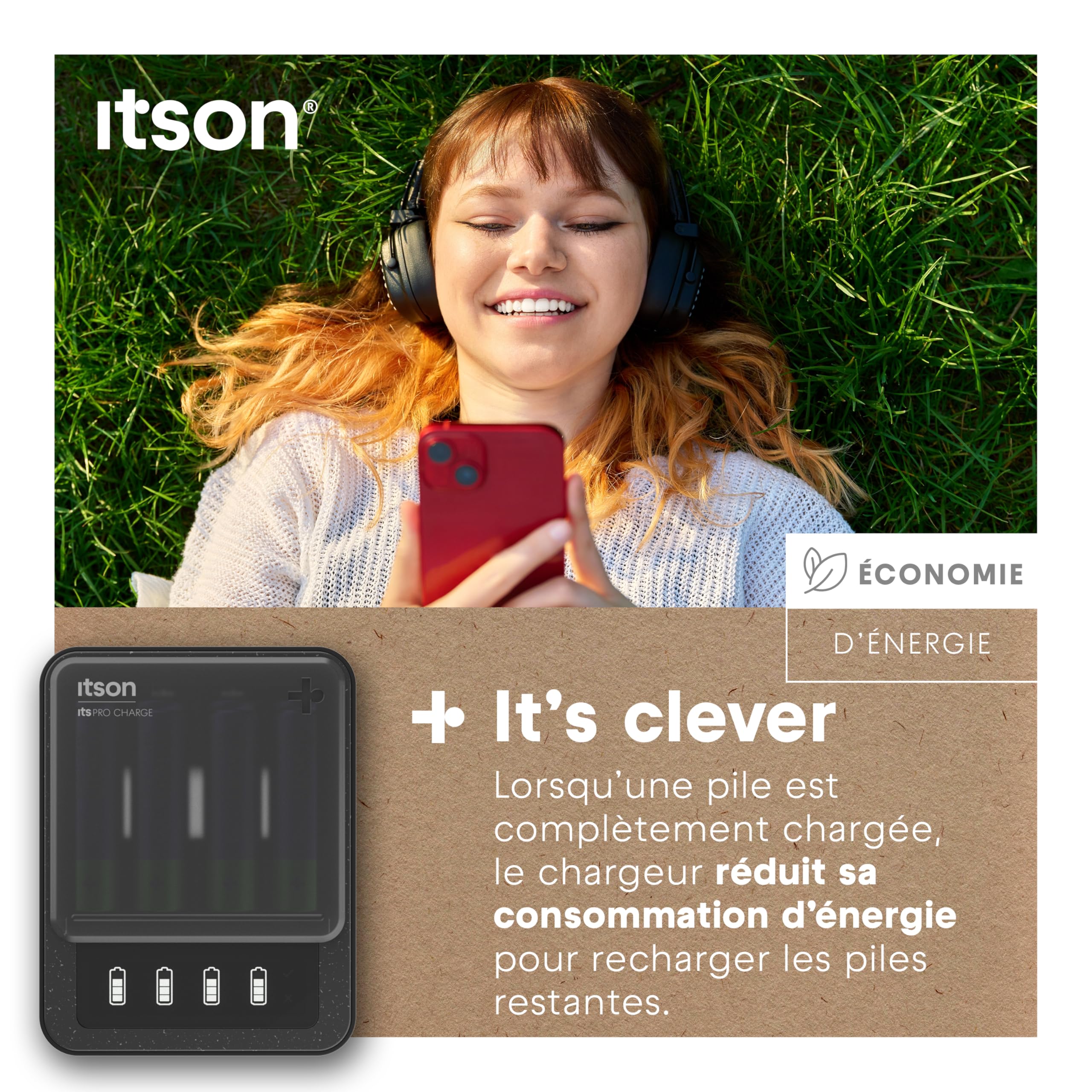 itson Chargeur de Piles, itsPRO Charge Ni-MH USB-C vers USB-C, 4 Piles AA (2000 mAh), Temps de Charge de 4 h 45 Min, écran LCD, détection des Piles alcalines ou défectueuses, Mode économie d’énergie