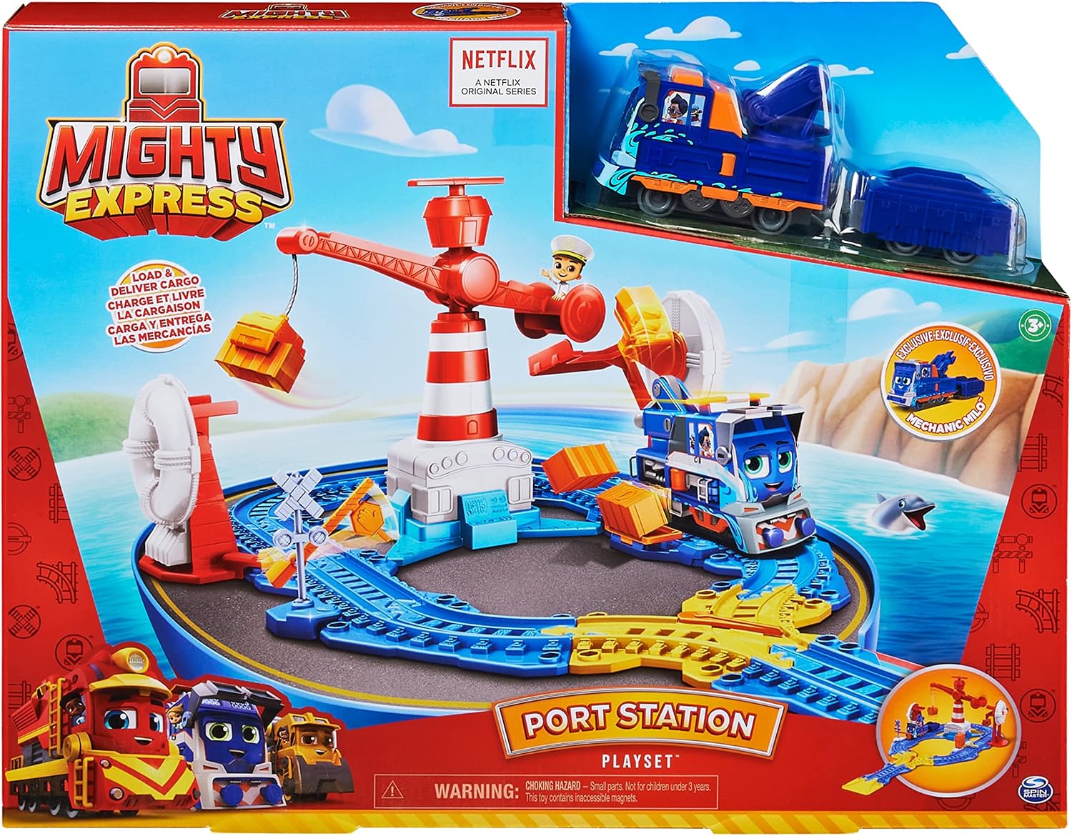 Mighty Express, Port Station Playset with Exclusive Mechanic Milo Toy Train and Magnetic Crane