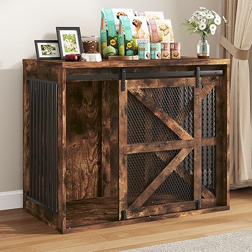 Mueble de jaula para perros de granja de 43 pulgadas, muebles de madera para perreras con puerta corrediza de malla metálica de granero, muebles