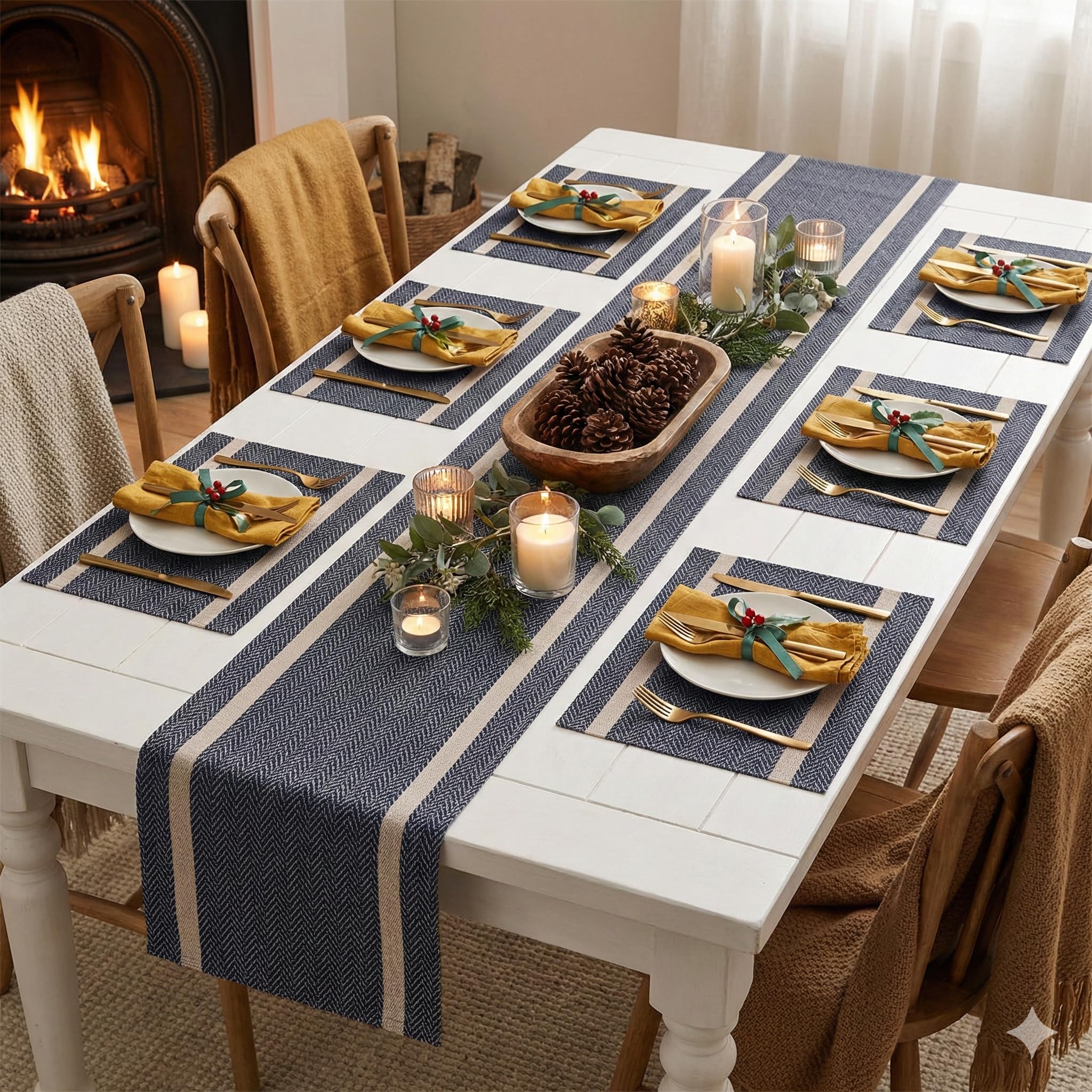 YELONA Dining Table Placemats and Runner Set - Heat Resistant, Washable, Stain Resistant Mats - Woven Vinyl Plastic - Easy to Clean-(45x30 cm 6 Placemats, 135x30 cm 1 Runner)-Ideal for Stylish Dining
