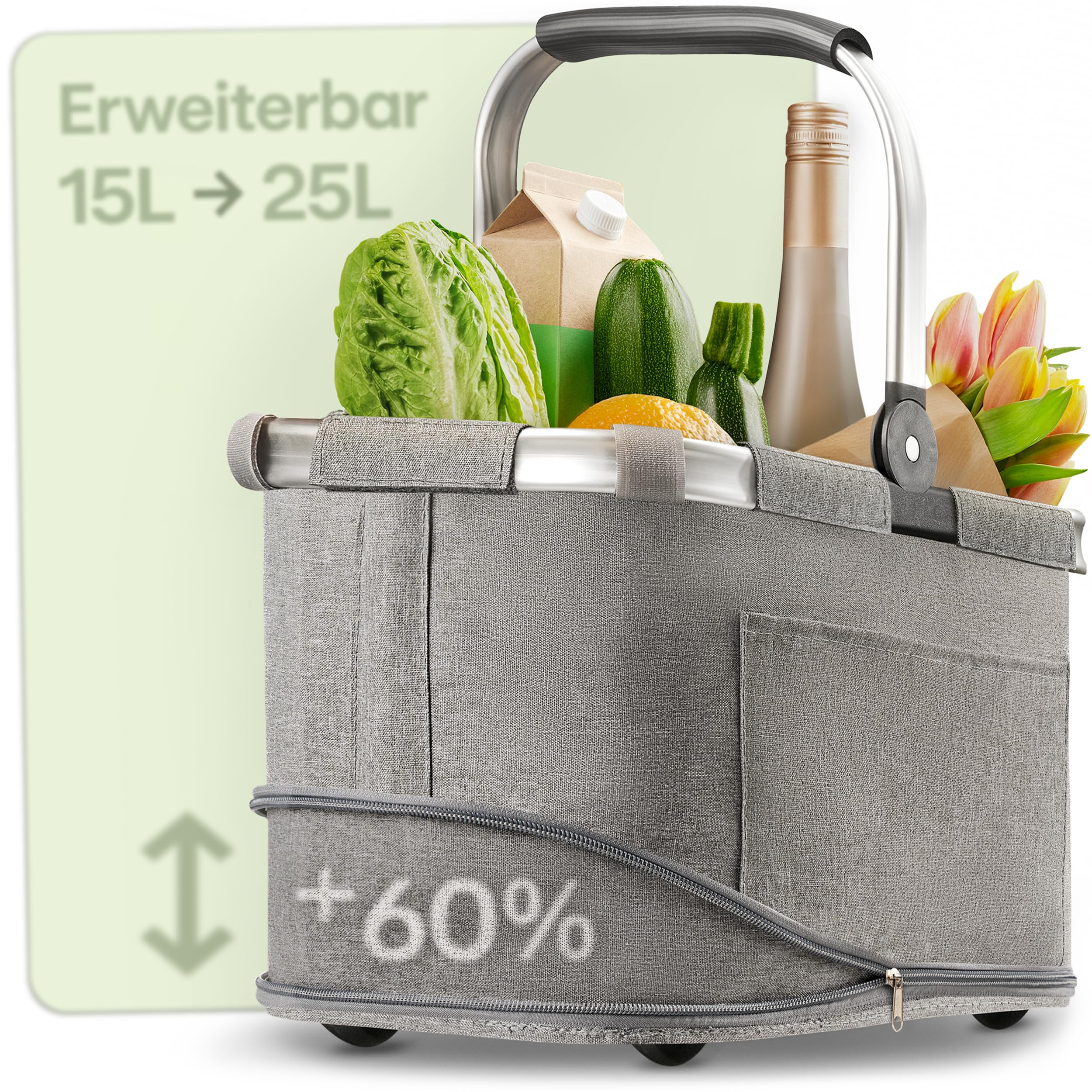 Praknu Einkaufskorb Faltbar Klein – 2 in 1 Erweiterbar 15L auf 25L – Abnehmbarer & Waschbarer Bezug – Stabil mit Alurahmen & Verstärktem Boden – Extra Fächer innen & außen – Tragekorb – Grau