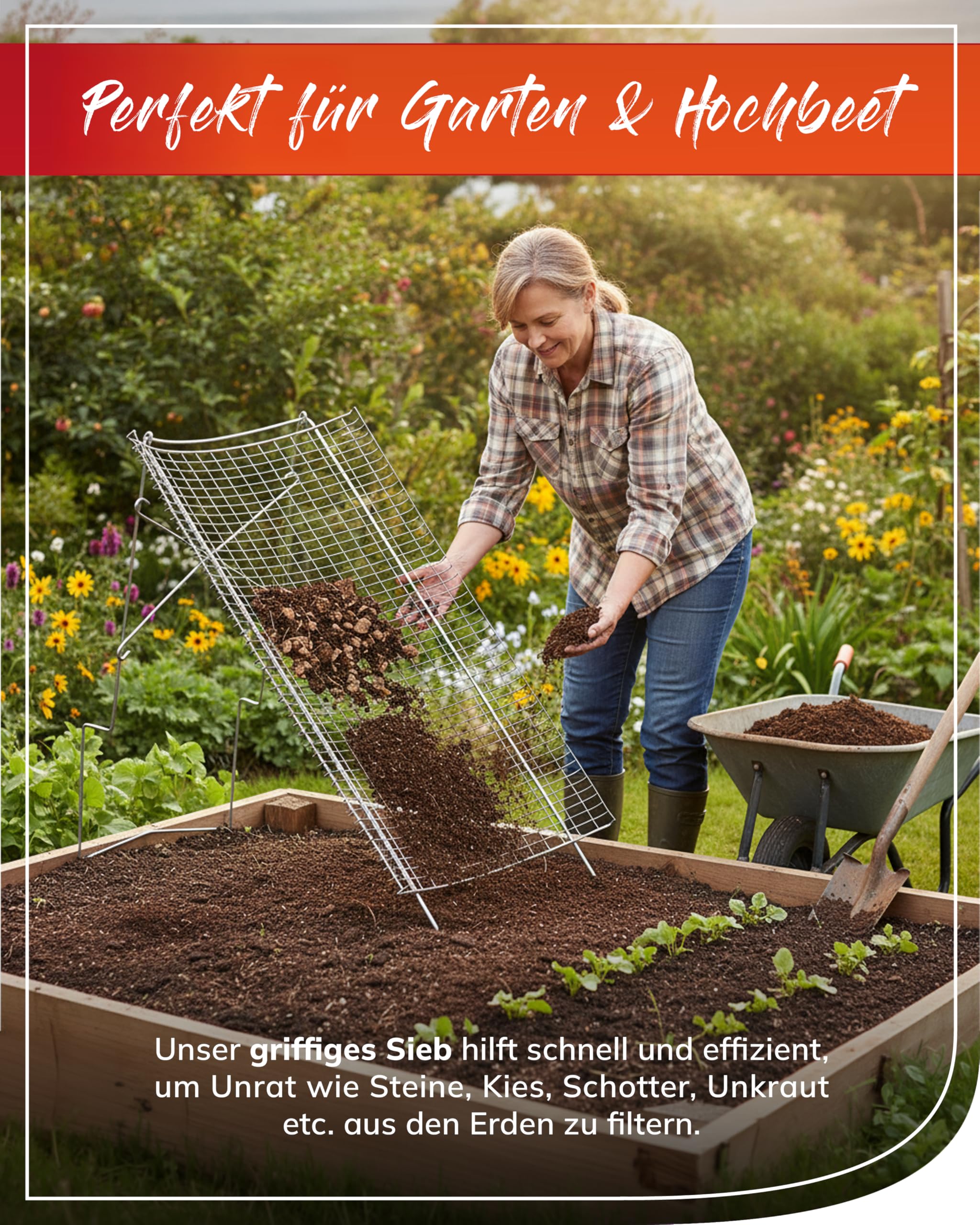 bellissa - Durchwurfsieb aus Stahl (Größe 100x60cm) – Garten & Kompostsieb für Erde, Sand, Boden, Kies & Schotter aus stabilem Metall – filtert Unkraut und Steine heraus – Ständer verstellba