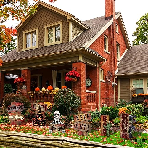 Miniatura 9 de Letreros de patio de Halloween con estacas, paquete de 6  Carteles de Halloween para decoración de acera de Halloween al aire libre, estacas de