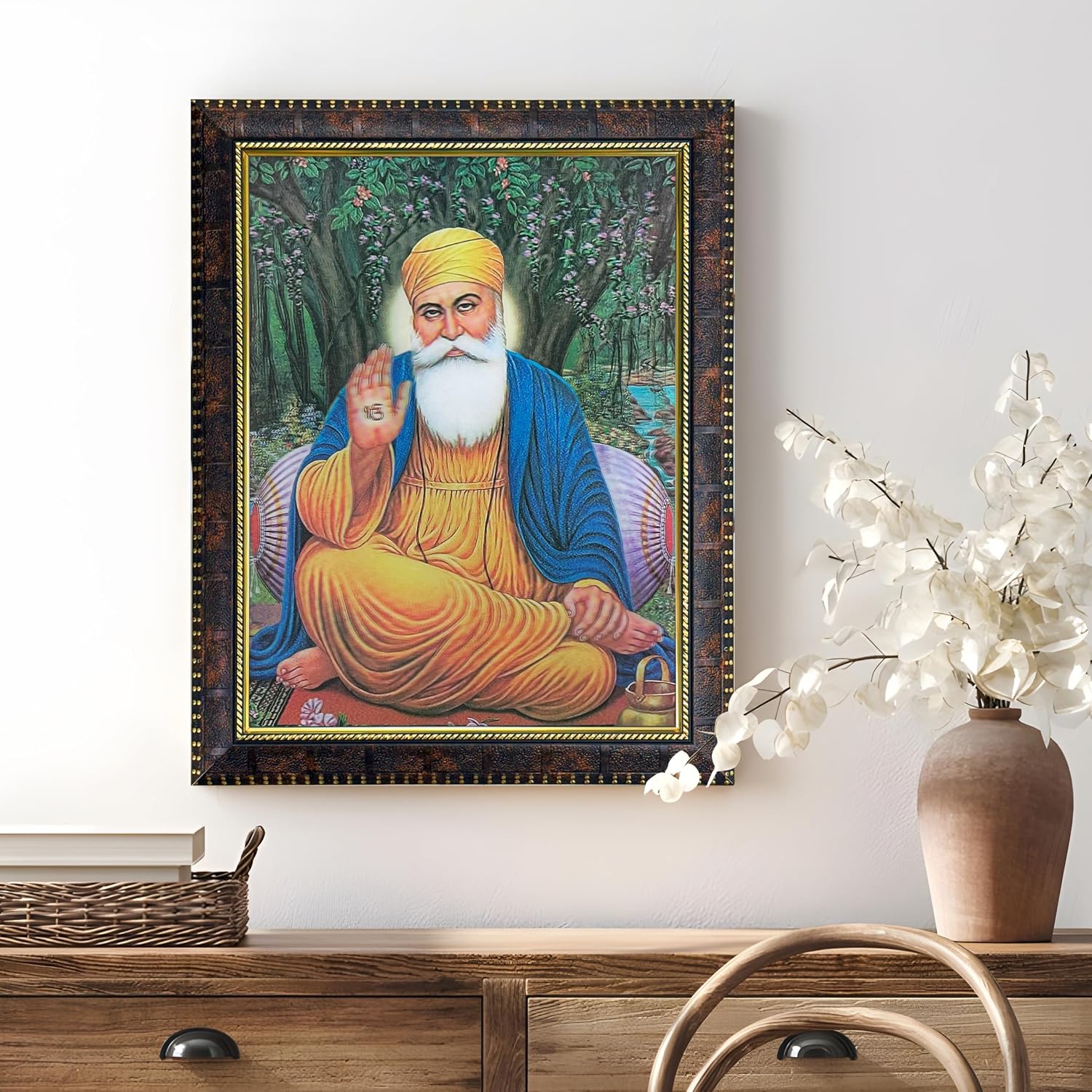 Painting Mantra Guru Nanak Dev ji Framed Painting, Religious Wall Art Print 5D/3D Poster for Home Décor, Mandir, Living Room & Office, Diwali Decoration Gift for Friends & Family (14.3×18.2 Inch)