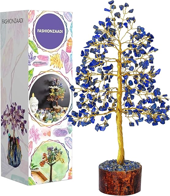 FASHIONZAADI Lapis Lazuli Gemstone Tree For Feng Shui Bonsai Reiki Healing Crystals Money Trees Chakra Balancing Stone Good Luck Crystal Home Decoration Table showpiece size -10 Inch (Golden Wire)