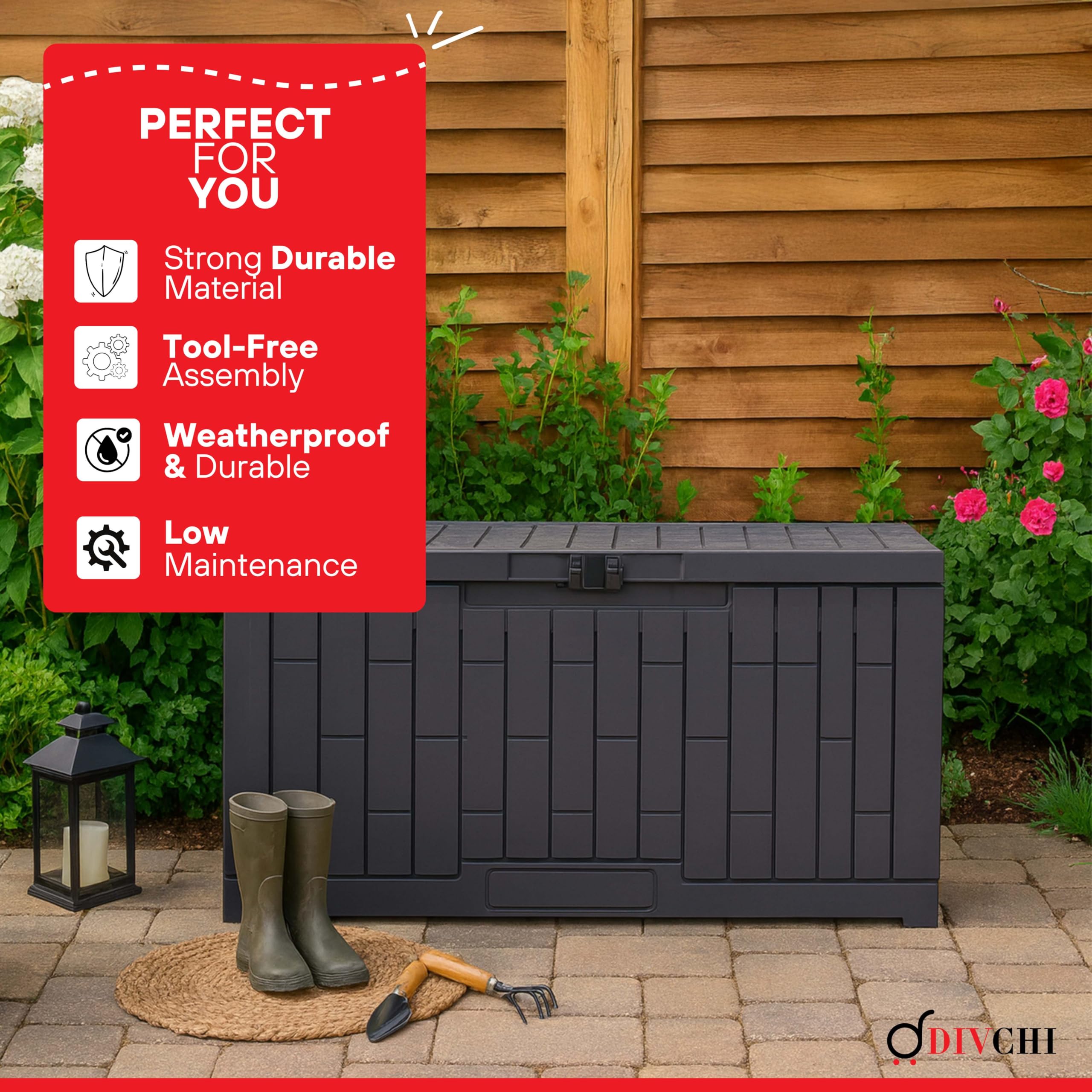 DIVCHI Boîte de Rangement extérieure étanche pour Outils de Jardin, Coussins de terrasse, Jouets, bûches, Charbon et Accessoires de Piscine, verrouillable, pour Fournitures et Essentiels (288 litres)