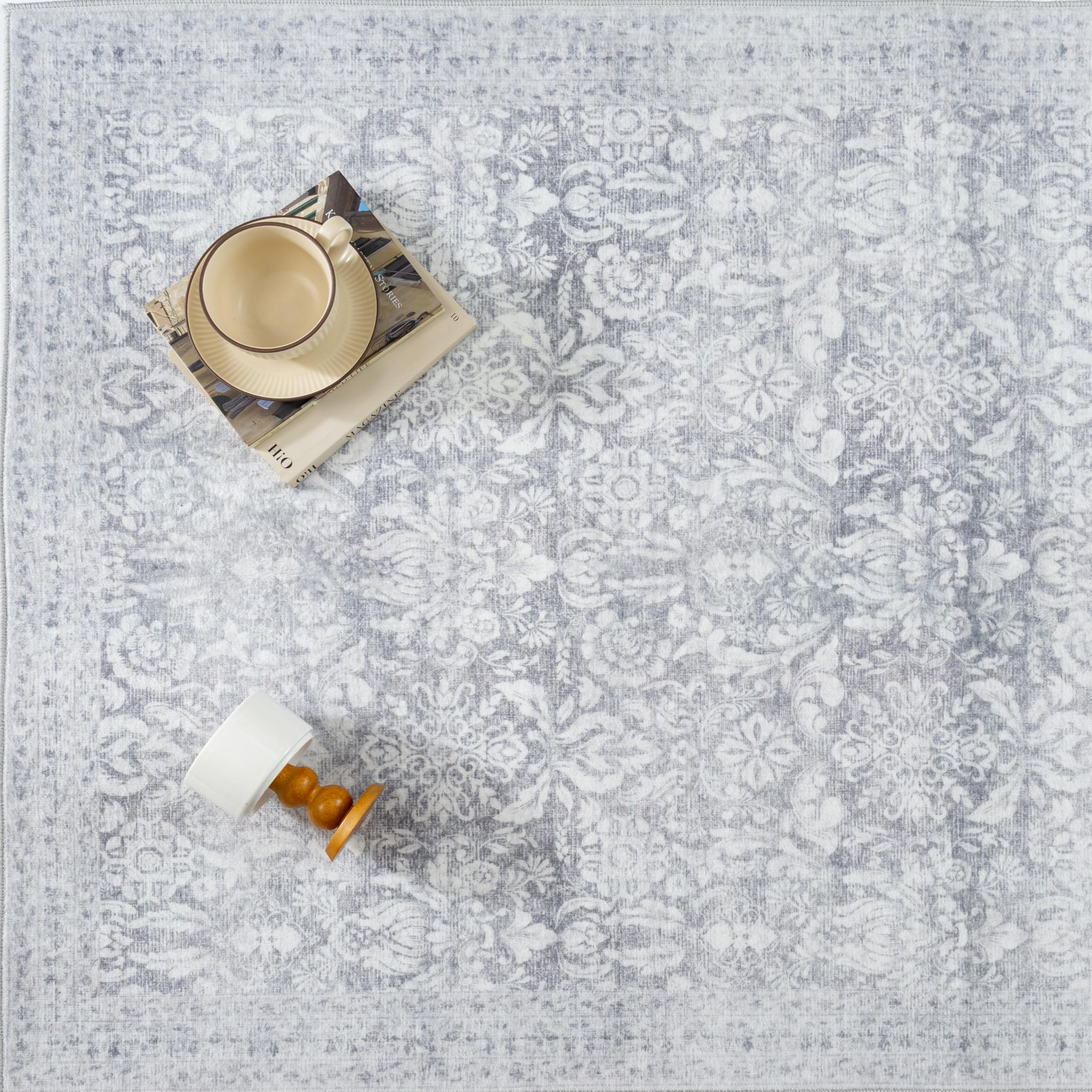 PureCozy 8x10 Area Rug Machine Washable Living Room Bedroom Vintage Distressed Non Slip Carpet Indoor Large Low Plie Thin Beige Dining Room Office Retro Accent Throw Rug: 2' x 3' (Rectangular) Vintage | Gray