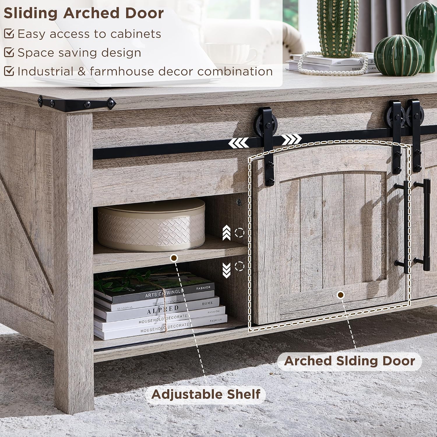Detail of the sliding arched door and adjustable shelves on the OKD coffee table.