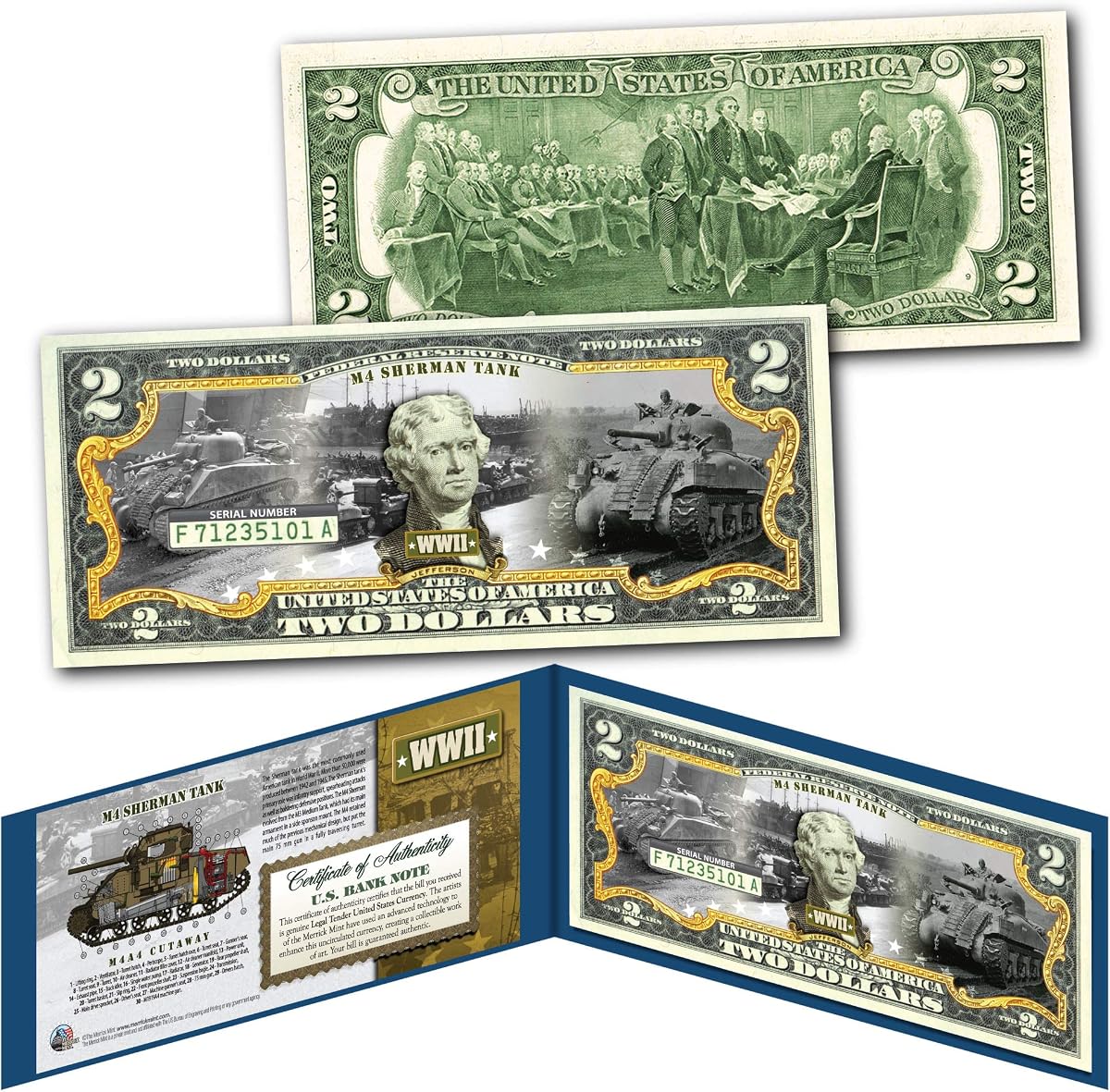Merrick Mint M4 Sherman Tank - World War II Uncirculated Two Dollar Bill Special Edition Collectible Display Holder and Certificate of Authenticity