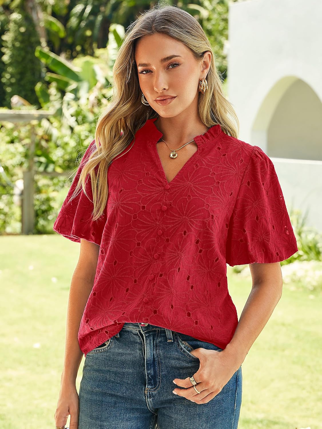 Simplee Womens Summer Tops Trendy Dressy Casual V Neck Puff Sleeve Eyelet Hollow Out Embroidered Lace Blouses Spring Fashion
