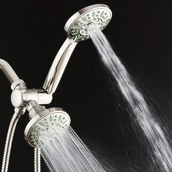 AquaDance Antimicrobial/Anti-Clog High-Pressure 30-setting Shower Combo, Microban Nozzle Protection from Growth of Mold, Mildew & Bacteria for Stronger Shower! Brushed Nickel Finish/Coral Green Jets