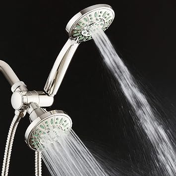 AquaDance Antimicrobial/Anti-Clog High-Pressure 30-setting Shower Combo, Microban Nozzle Protection from Growth of Mold, Mildew & Bacteria for Stronger Shower! Brushed Nickel Finish/Coral Green Jets