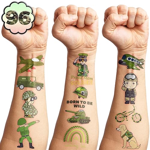 Miniatura 8 de 96 tatuajes temporales de camuflaje para niños, recuerdos de fiesta de cumpleaños con temática del ejército, lindas calcomanías para niños y niñas,