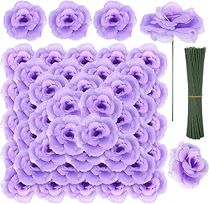 108pcs Roses Head Flowers with Stem, Lavender Artificial Flowers Rose Bulk - Silk Lilac Rose Light Purple Fake Flower for Wedding Bouquet Party Home Decor DIY Baby Shower Centerpieces Tables Decor
