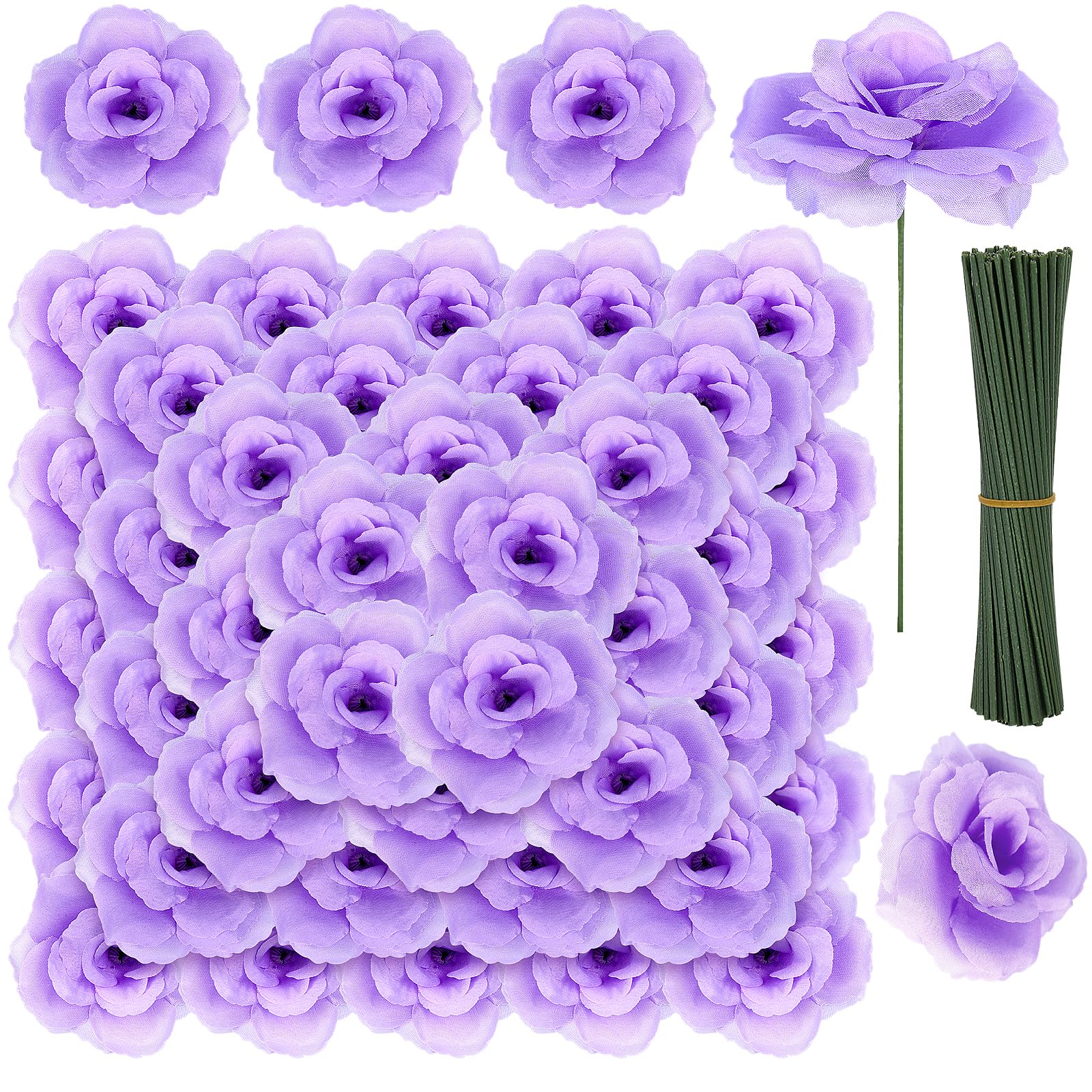 108pcs Roses Head Flowers with Stem, Lavender Artificial Flowers Rose Bulk - Silk Lilac Rose Light Purple Fake Flower for Wedding Bouquet Party Home Decor DIY Baby Shower Centerpieces Tables Decor