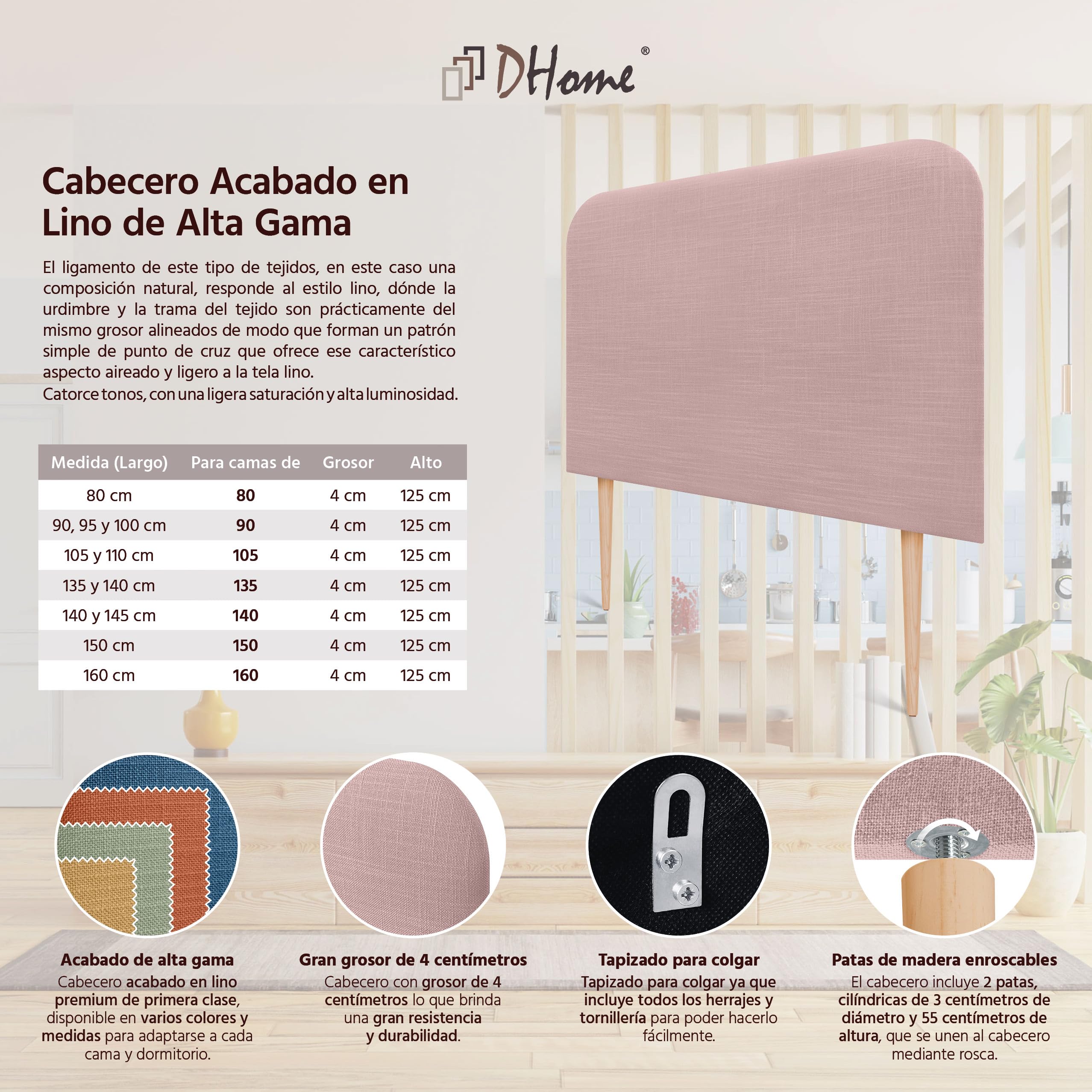 DHOME Cabecero Tapizado Liso Curvo Lino 70cm Altura con Patas para Pared Acústicos Cabeceros Absorbentes Cabezal Cama Dormitorio (Rosa Palo, 90cm)