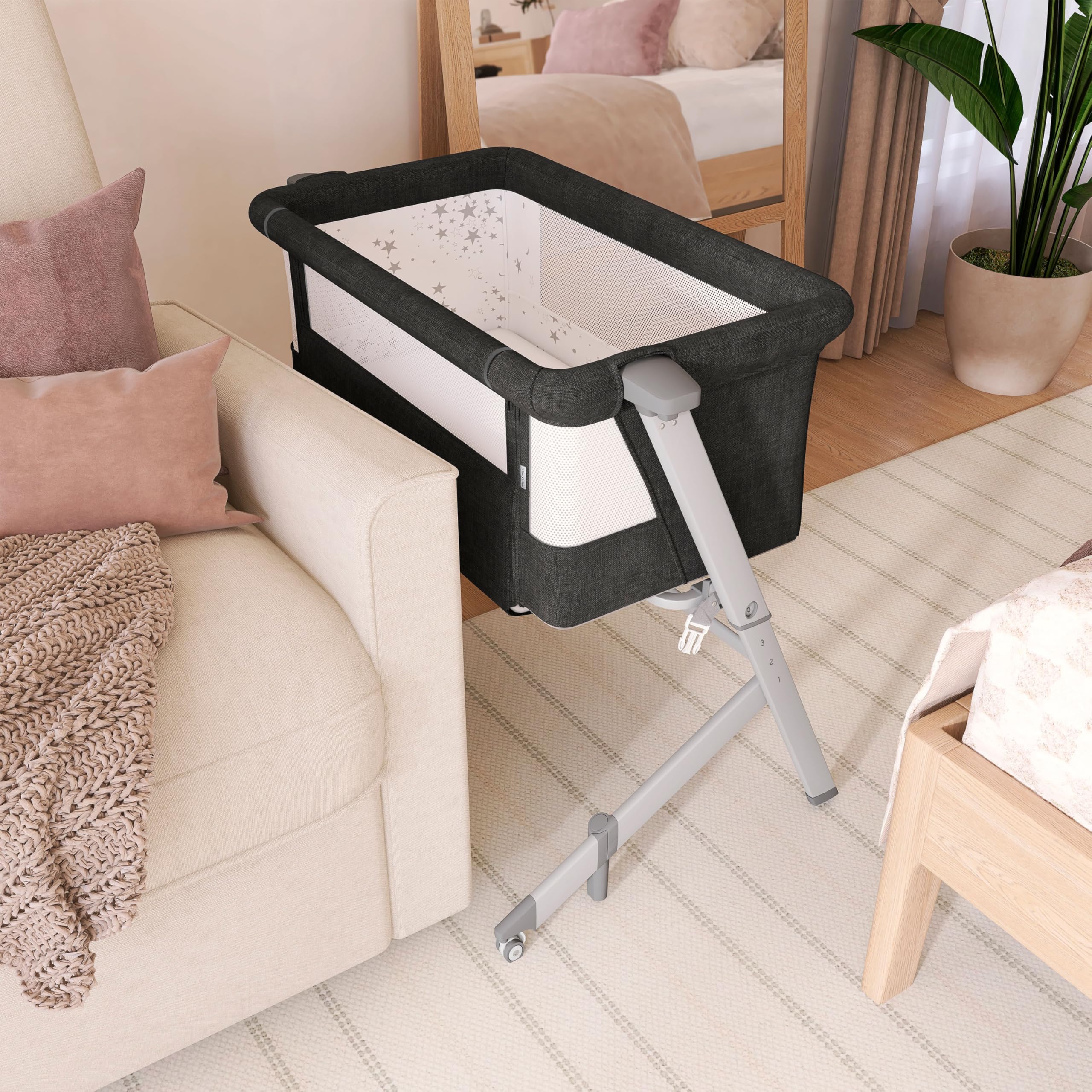 dream on me skylar bassinet and beside sleeper in black, lightweight and portable baby bassinet, five position adjustable height, easy to fold and carry travel bassinet, jpma certified