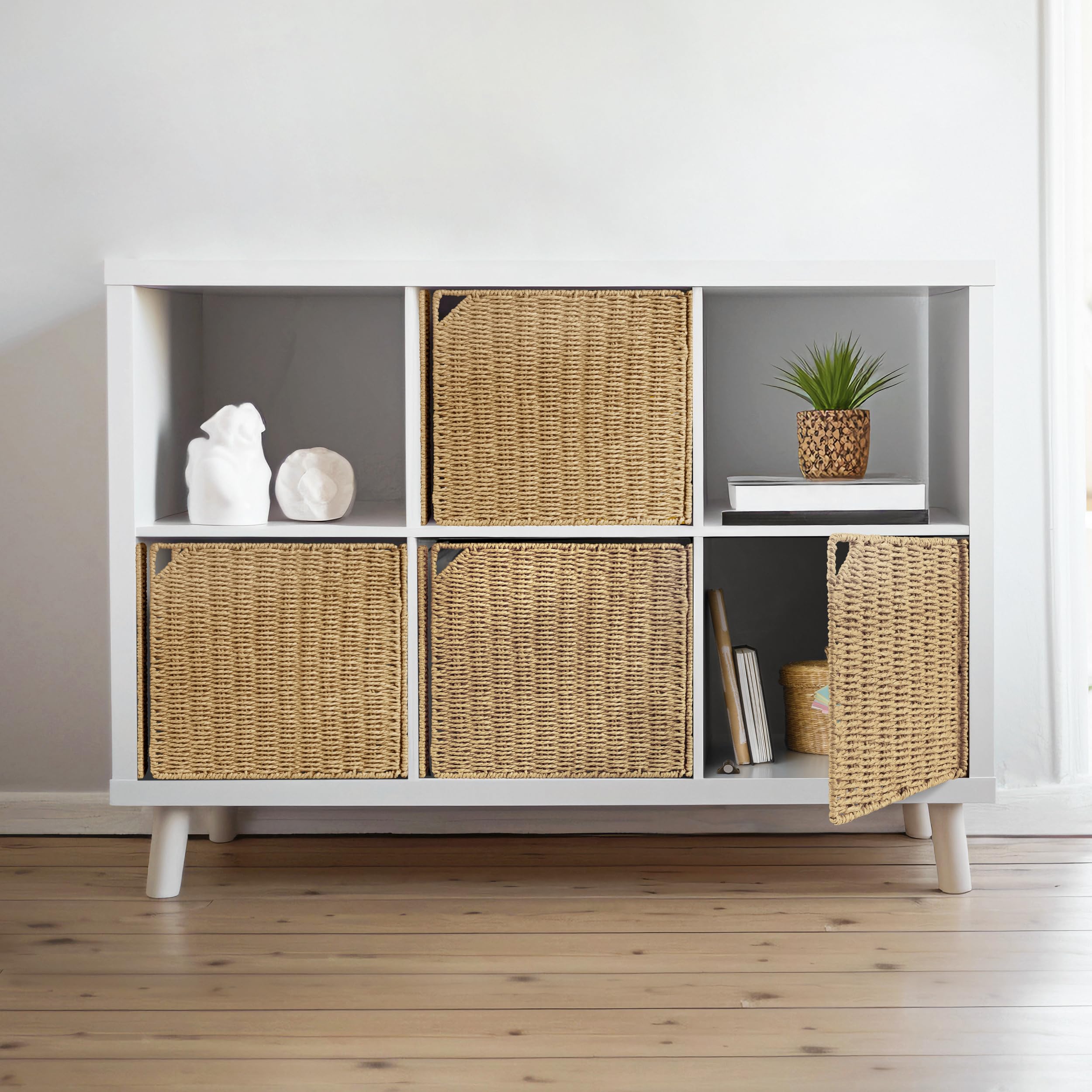 AELS Handgewebte Naturfaser-Türen für Würfelregale, 33 cm, 4 Stück, Boho-Stroh-Regal-Abdeckung für Bücherregal und offenes Bücherregal, rustikale Bauernhaus-Heimdekoration, passend für IKEA