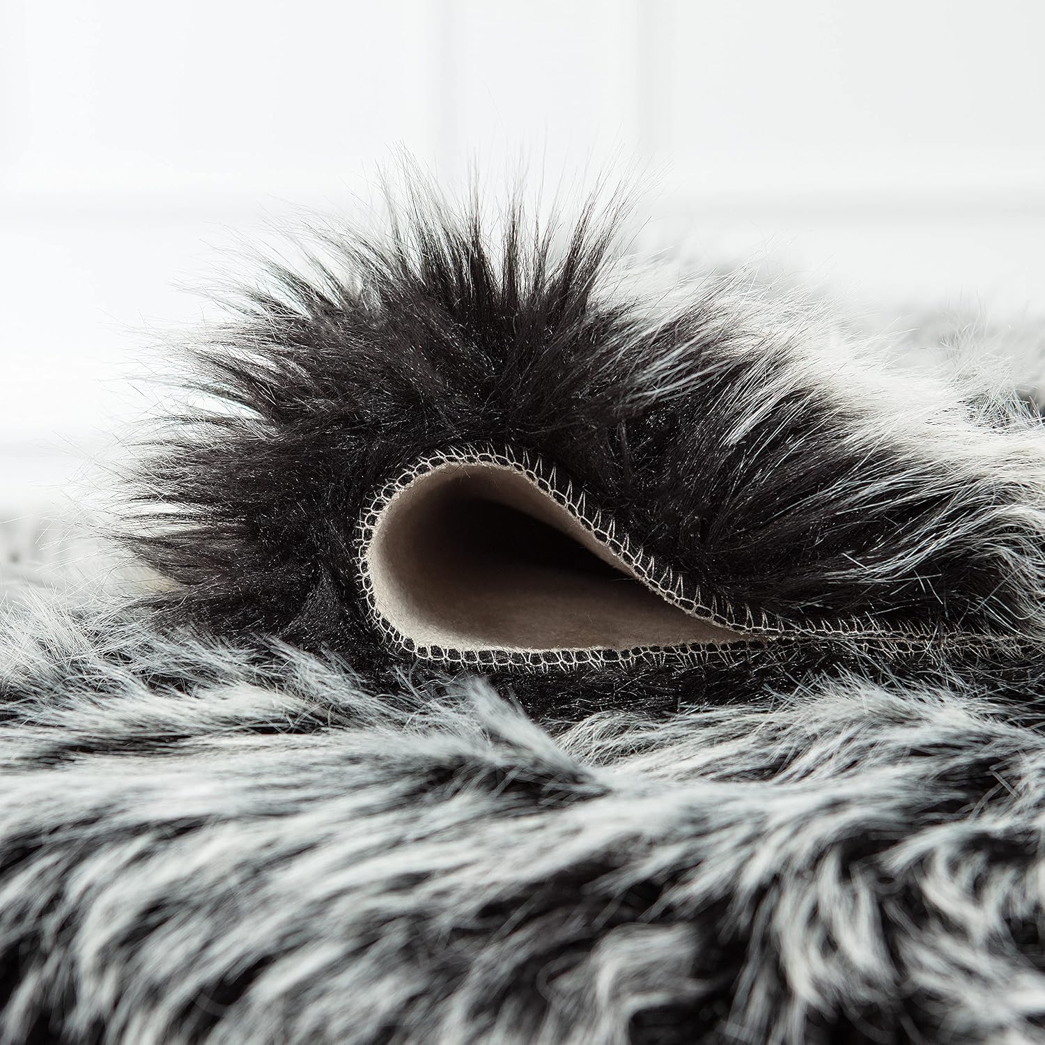 Chanasya Premium Soft Faux White Frost Tip Black LongFur Suede Fake Sheepskin for Sofa Couch Stool Vanity Chair Cover Luxurious Fluffy Rug Shaggy Area Rugs for Living Bedroom Floor - Siberian 2ftx6ft