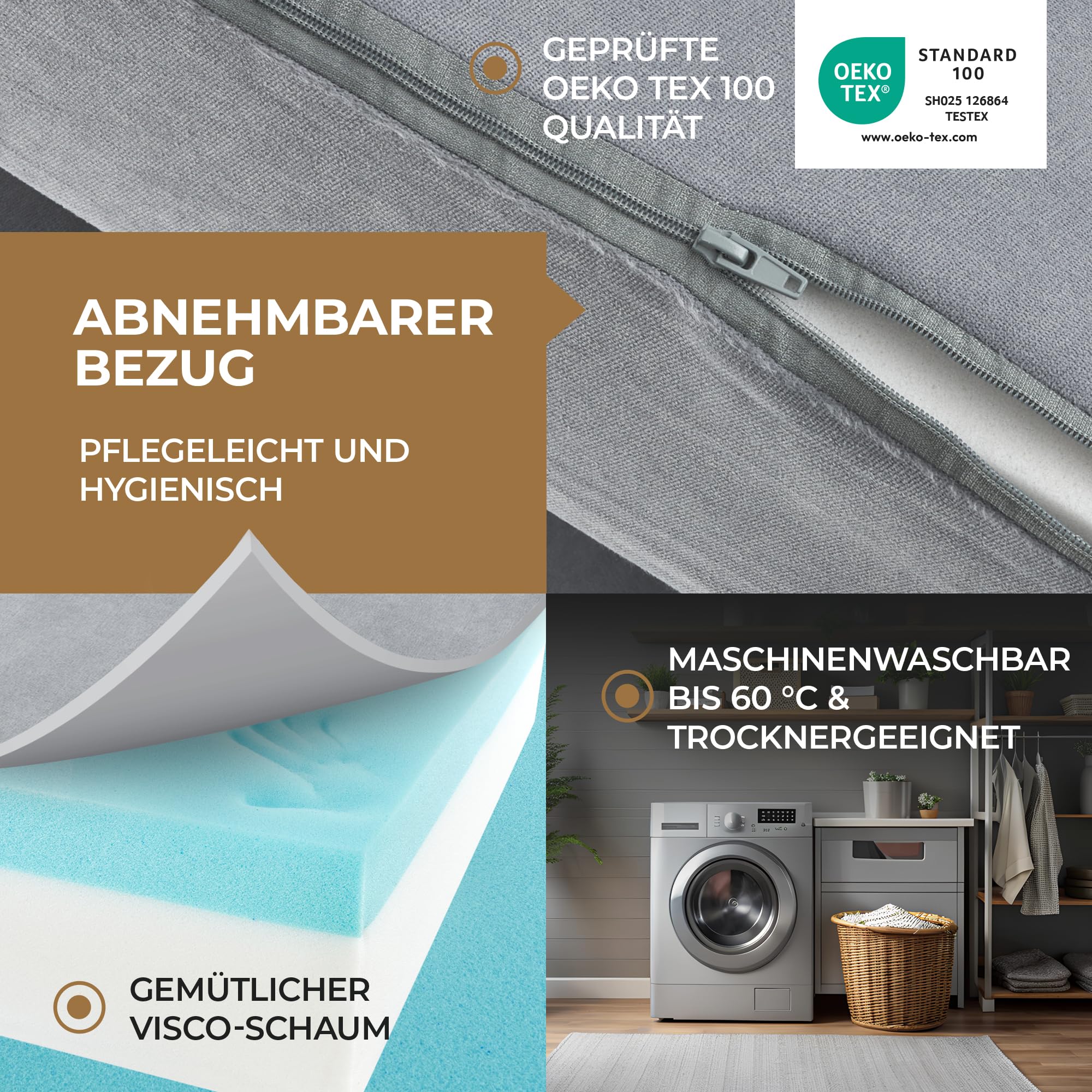 Herlag Orthopädische Klappmatratze 195x75x14cm - Extra Dickes Gästebett 14 cm hoch - Faltmatratze Härtegrad H3 Deluxe-Komfort Visco-Schaum - Faltbare Gästematratze 3-teilig - Bezug waschbar - Grau