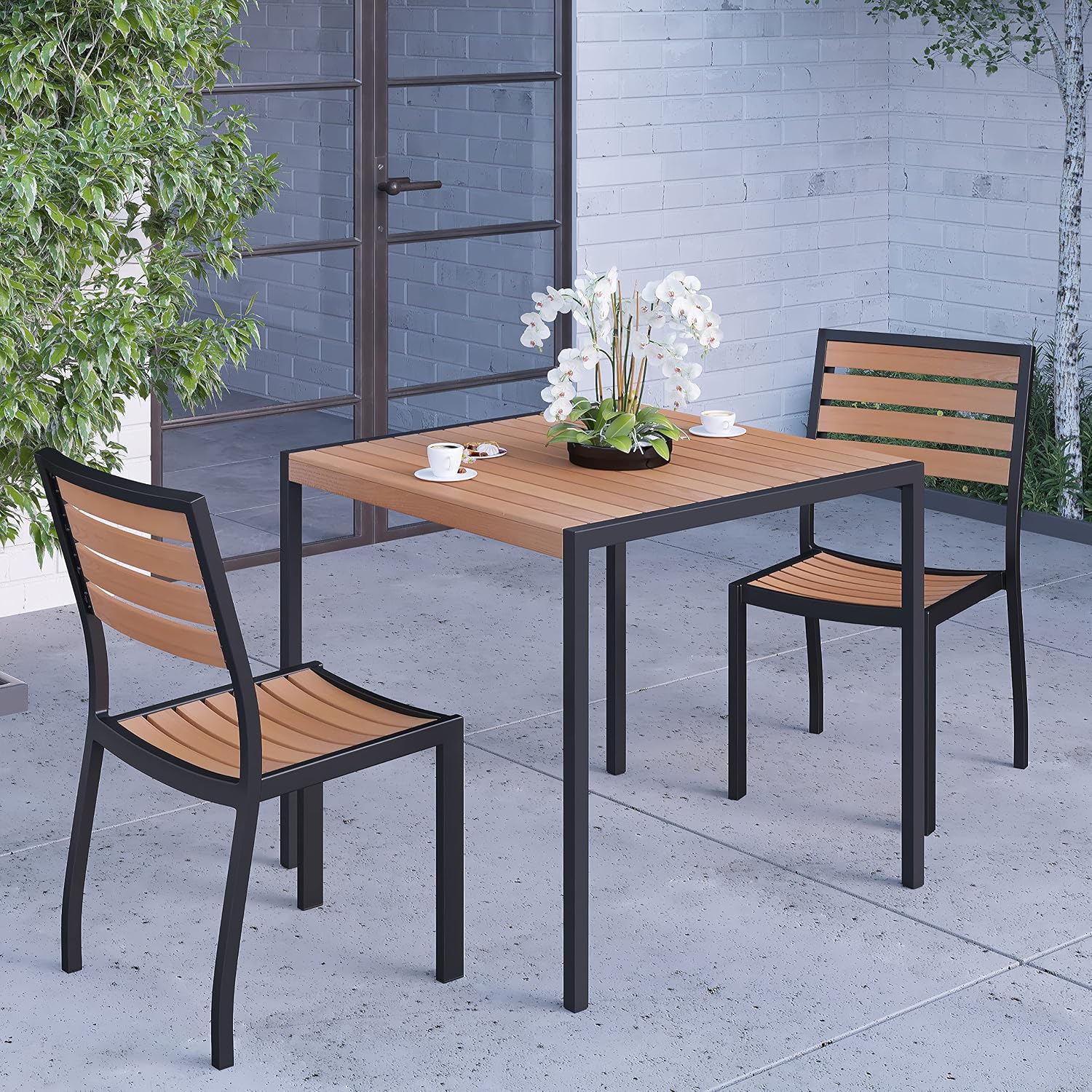 Merrick Lane Forrest Three Piece Faux Teak Patio Dining Set for Indoor and Outdoor Use - Table and Two Armless Stacking Club Chairs