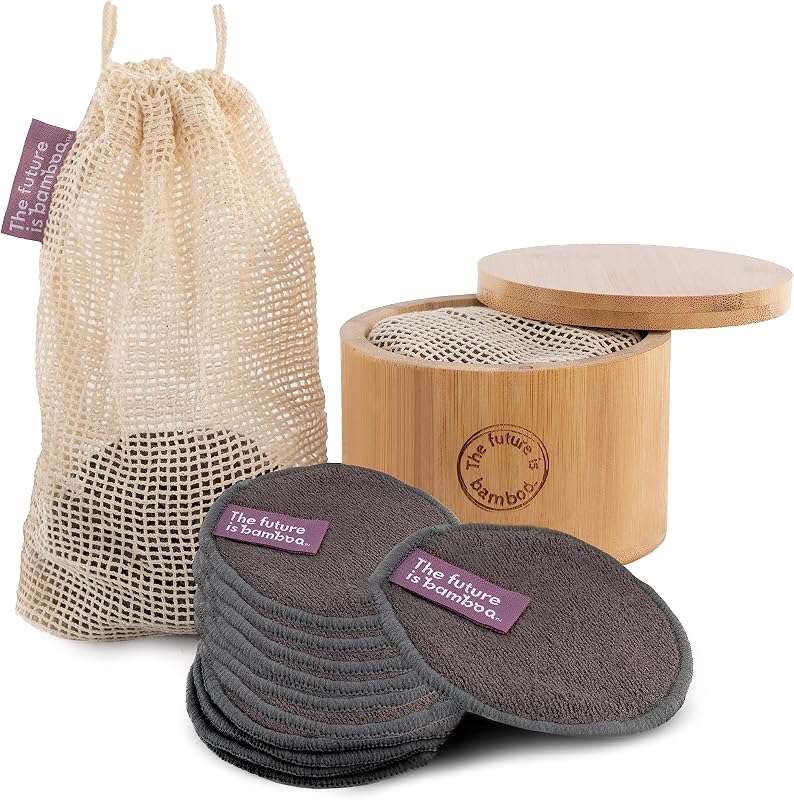 Discos reutilizáveis para remoção de maquiagem The future is bamboo com 14 unidades, saco lavável e suporte de bambu