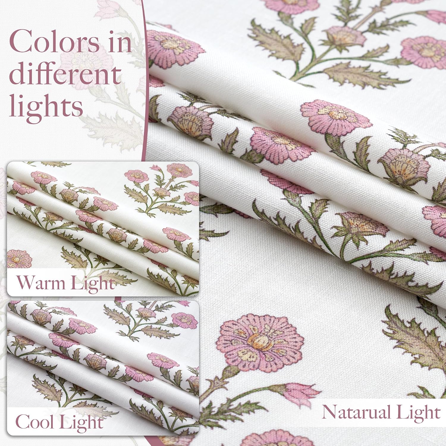 NICETOWN Floral Linen Curtains 84 inches Long Pink Pattern Printed for Girls Bedroom Nursery, Boho Farmhouse Window Sheer Curtain Drapes Aesthetic Light Filtering Privacy 2 Panel Sets, 55" W