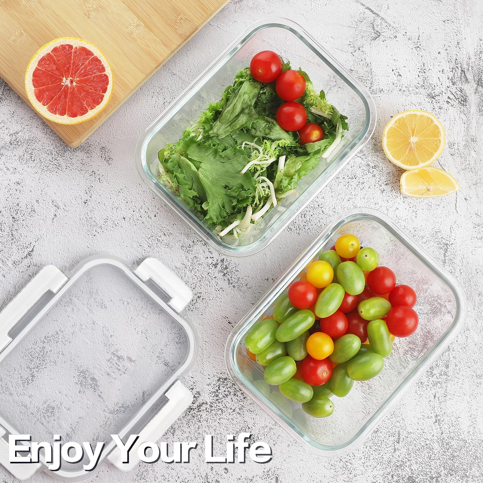 HOMBERKING Paquete de 2 recipientes grandes de vidrio para almacenamiento de alimentos, preparación de comidas, cajas bento herméticas con tapas de bloqueo a prueba de fugas, para microondas, horno,