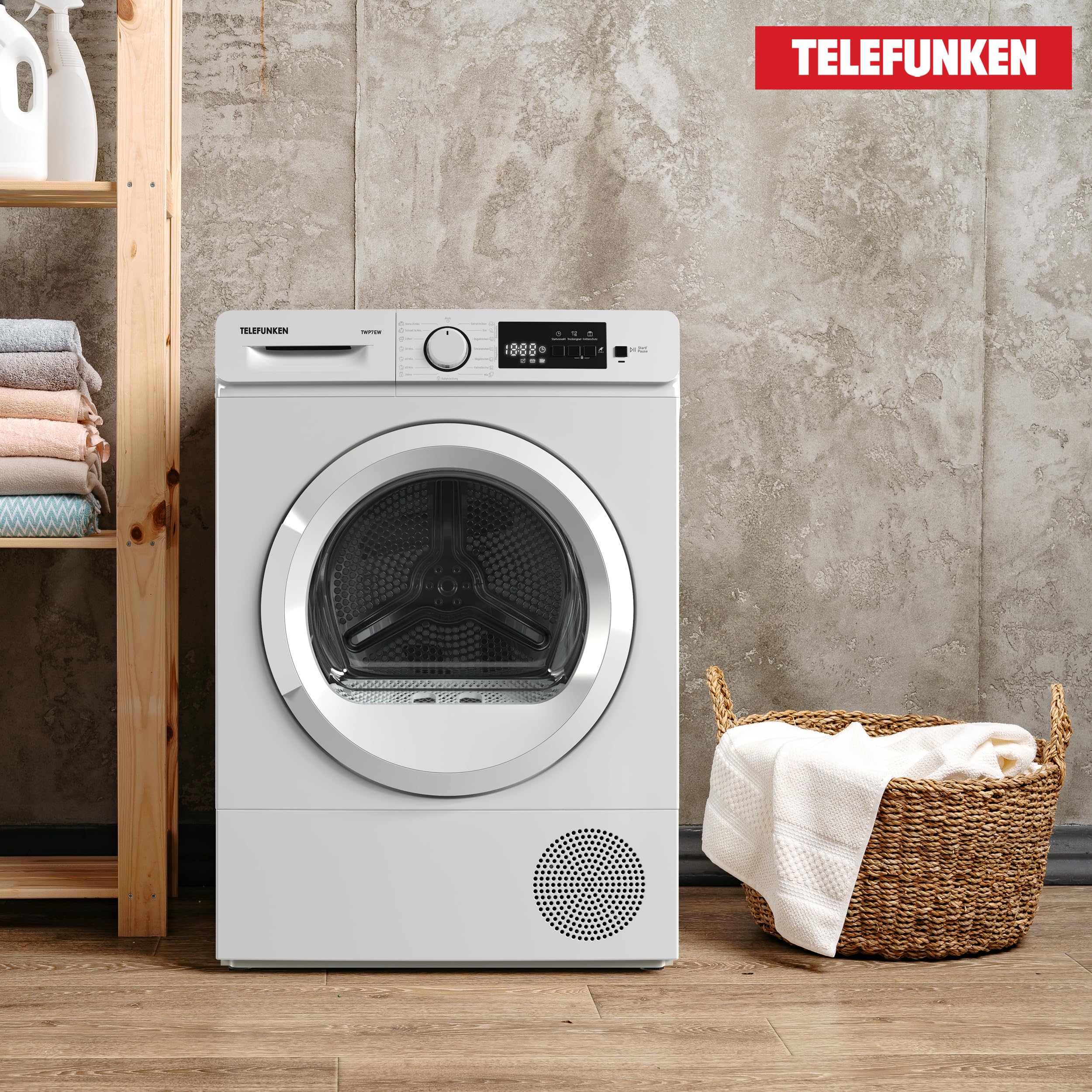 Telefunken Wärmepumpentrockner für 7 kg Wäsche, Trockner Frontlader, Wäschetrockner mit Knitterschutz und Startzeitvorwahl, Energiesparend, leise 64 dB, 15 Programme, Trommelbeleuchtung, TWP7EW