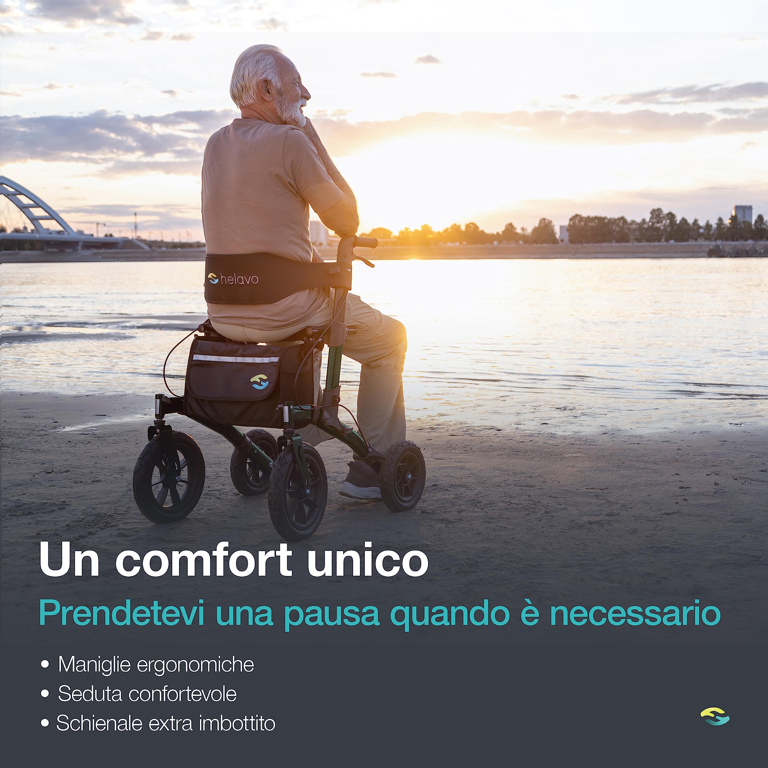 Helavo deambulatore per anziani 4 ruote pieghevole con seduta - Rollator da esterno con ruote pneumatiche 12"/10", altezza regolabile, sedile comodo, leggero, ammortizzato - 136 kg max