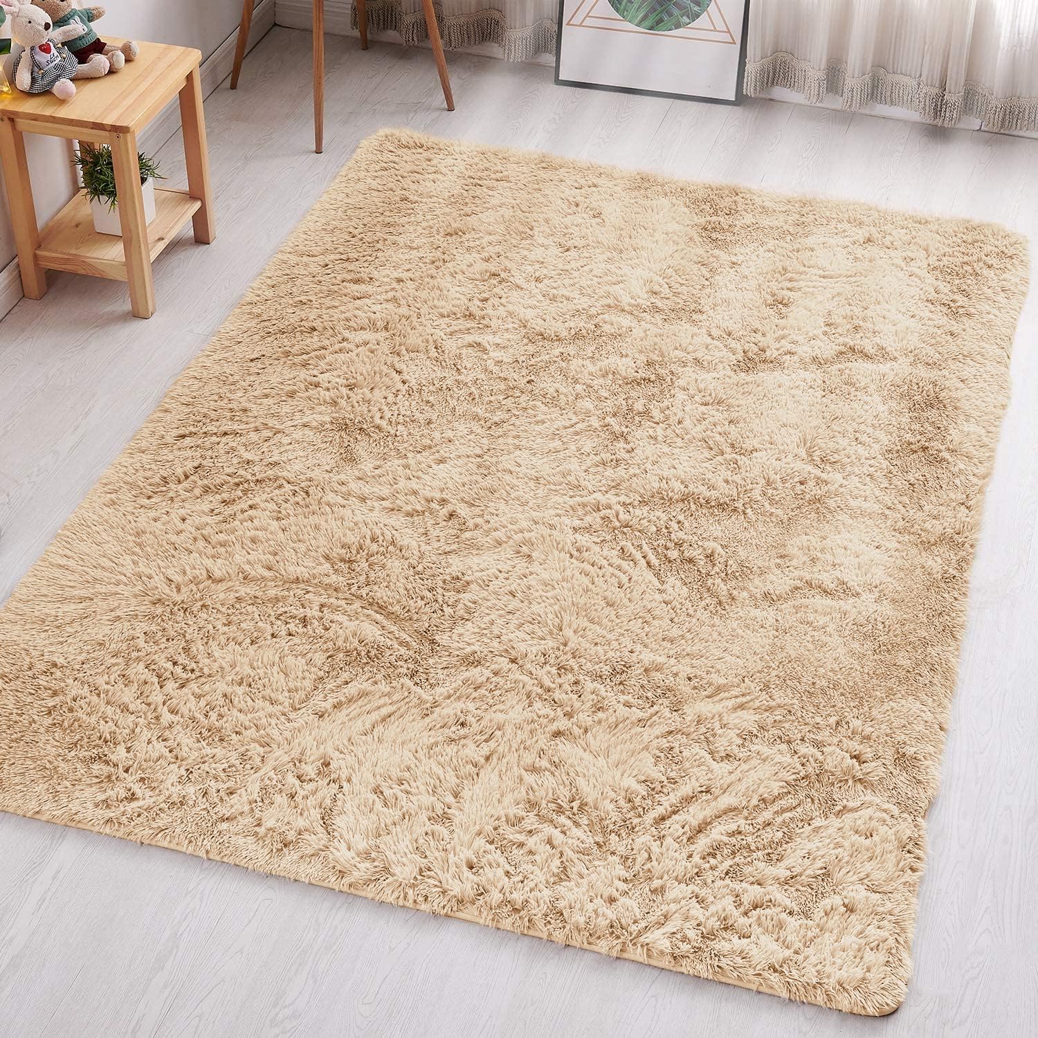 Aspire HomewareBeige Fluffy Bedroom Rug – Large Area Rugs 200x290 cm Living Room Lounge Plush Carpet Modern Soft Shaggy Pile Faux Fur Rug for Home