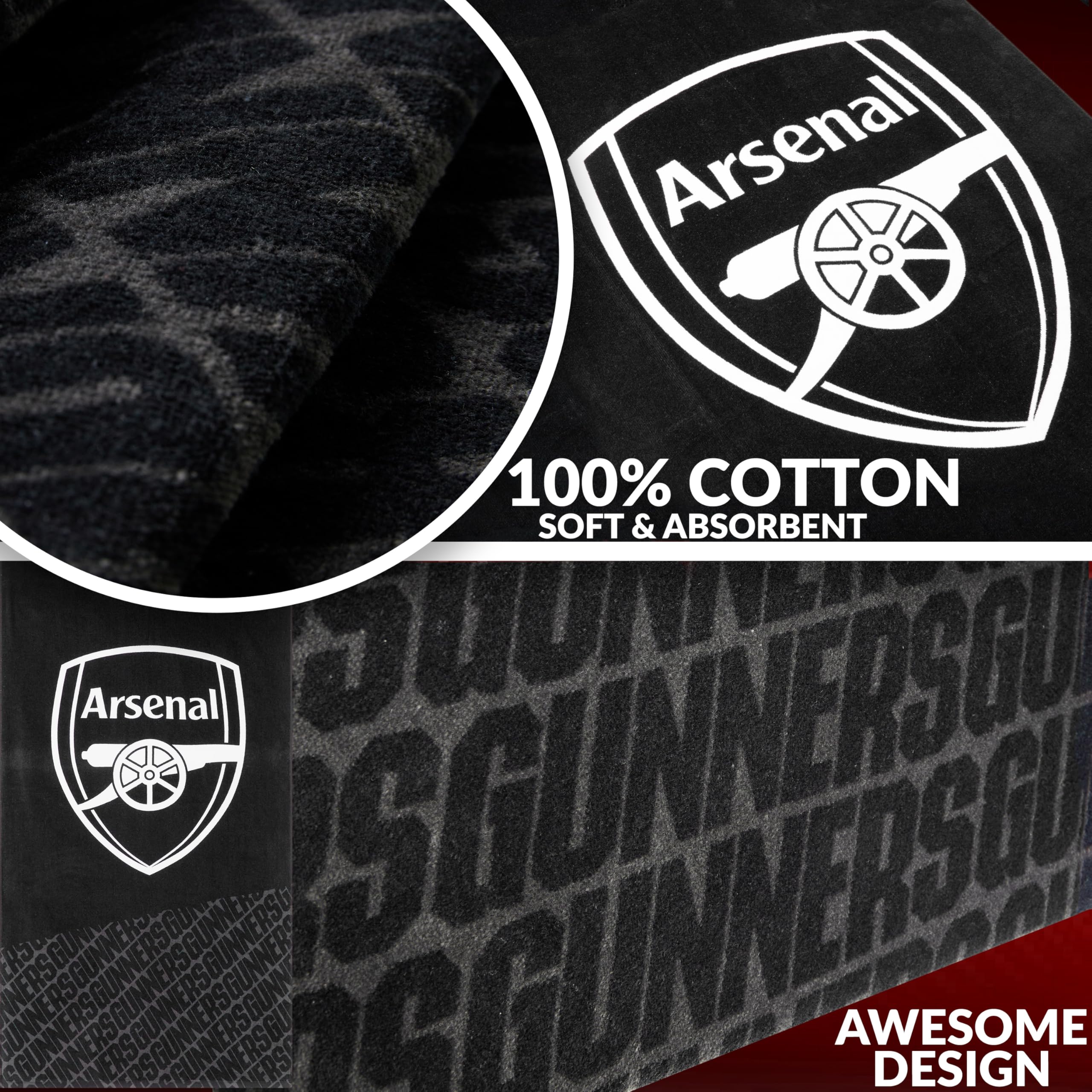 Arsenal F.C. Asciugamano per uomini, donne, ragazzi, 100% cotone, ad asciugatura rapida, con stemma del calcio, telo da bagno, nuoto, palestra, vacanze, doccia, bagno, attrezzatura per tifosi, 137 x