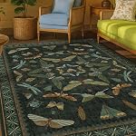 Lavable Boho Insect Rug pour entrée, salle de bains, cuisine, salon, chambre, Bug à papillons en peluche Floral rétro intérieur Décor avec des couleurs multiples (vert foncé, 5' x 7' (Rectangulaires))