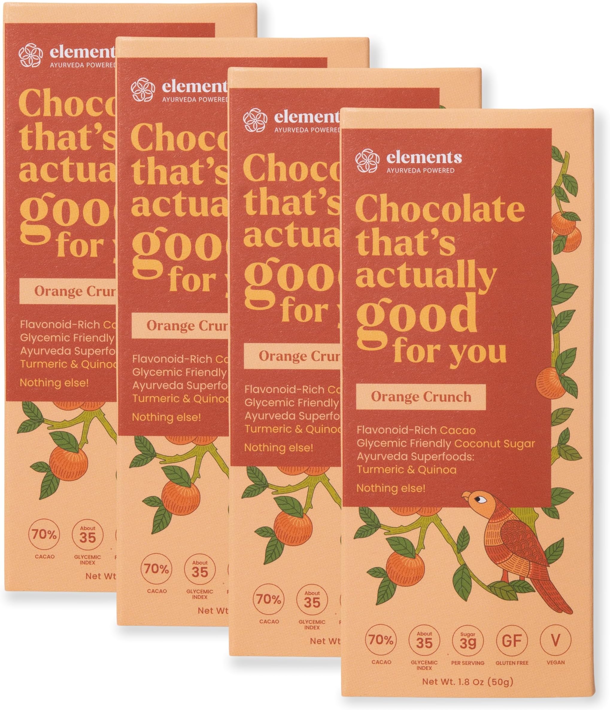Orange Crunch w/Quinoa & Turmeric - Heavy Metal Tested - Dairy Free Chocolate Bar - Paleo, Gluten Free, Non-GMO, Raw & Organic Chocolate- Ayurveda Healthy Chocolate Bar - 4 Pack