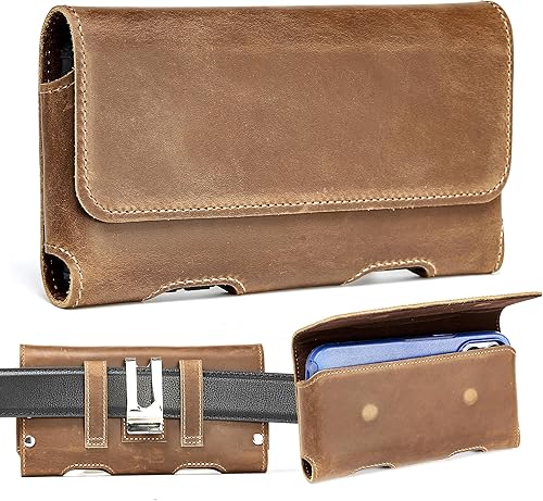 Gcepls Funda de cuero para iPhone 14, 15, 15 Pro, 16, 16 Pro, Galaxy S23, S24, piel de vaca marrón para cinturón con clip para cinturón