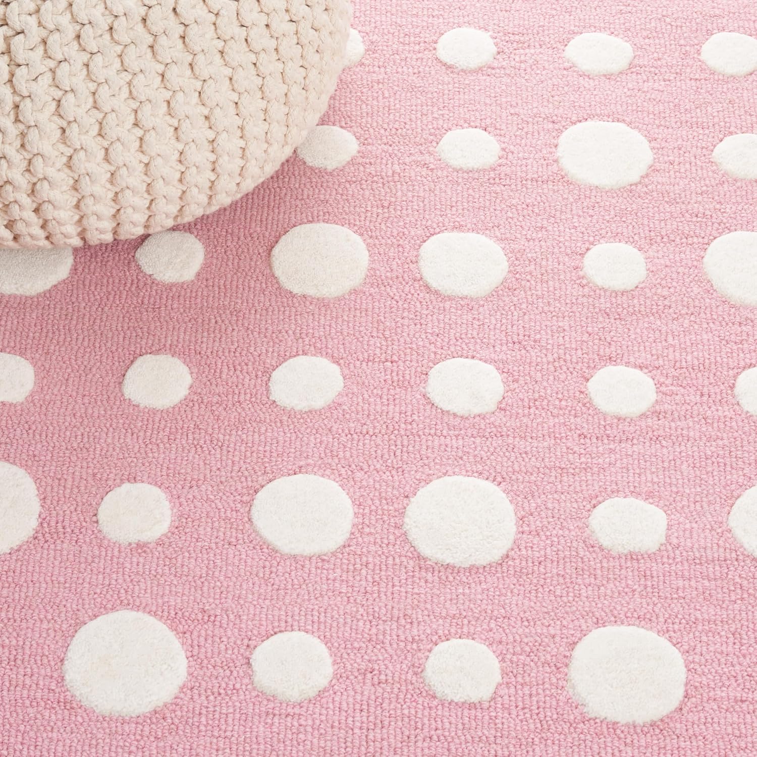 SAFAVIEH Kids Collection Area Rug - 5' x 8', Pink & Ivory, Handmade Polka Dot Wool, Ideal for High Traffic Areas in Playroom, Nursery, Bedroom (SFK926U)