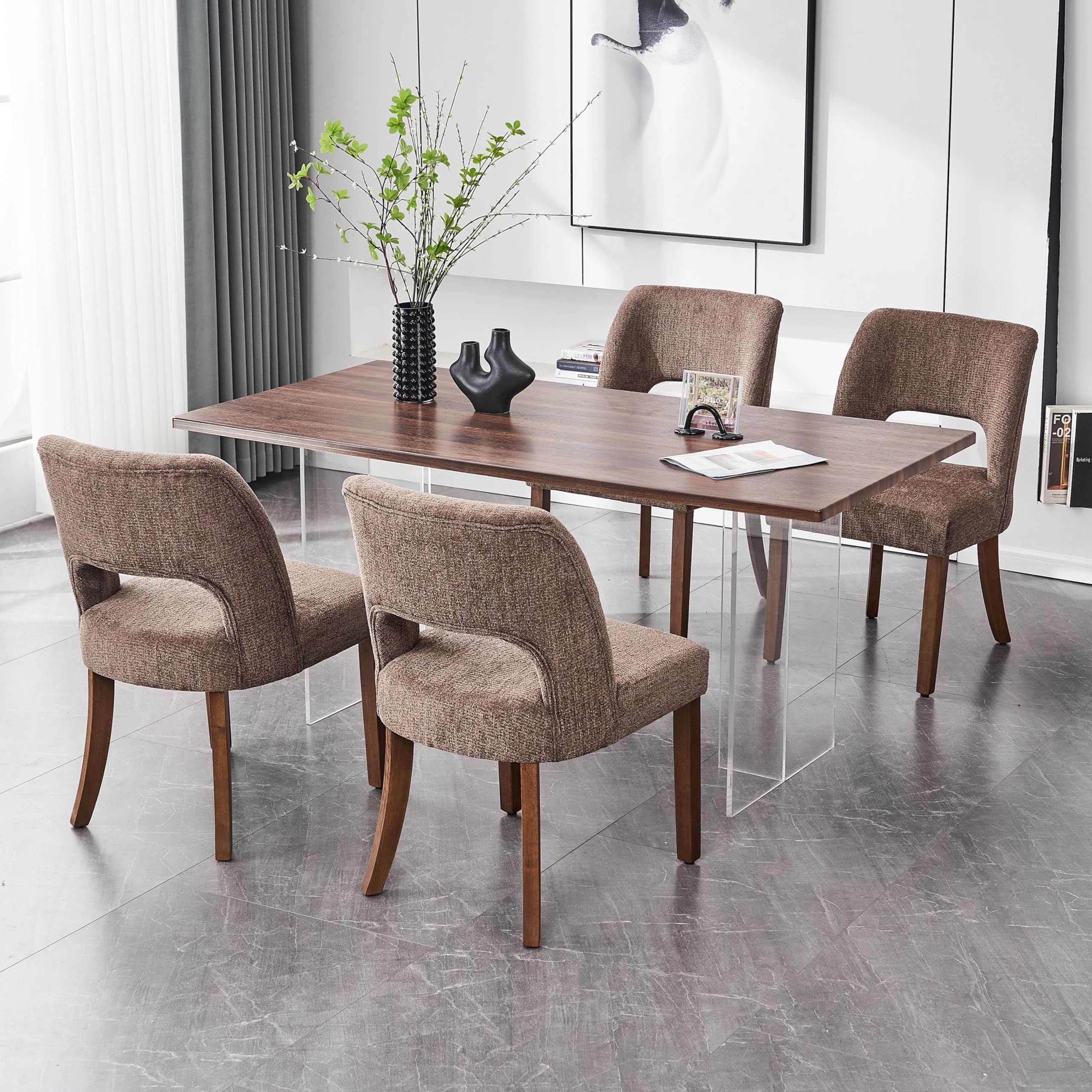 VKNOW Wooden Dining Chairs Set of 4, Modern Fabric Upholstered Dining Room Chair Kitchen Chairs, Farmhouse Dinner Chair for Kitchen Dining Room, Brown