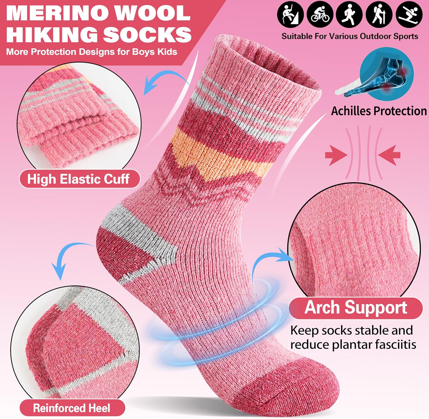 EBMORE Kids Merino Wool Hiking Socks Thermal Winter Warm Thick Boys Toddlers Girls Cushion Crew Socks 6 Pairs