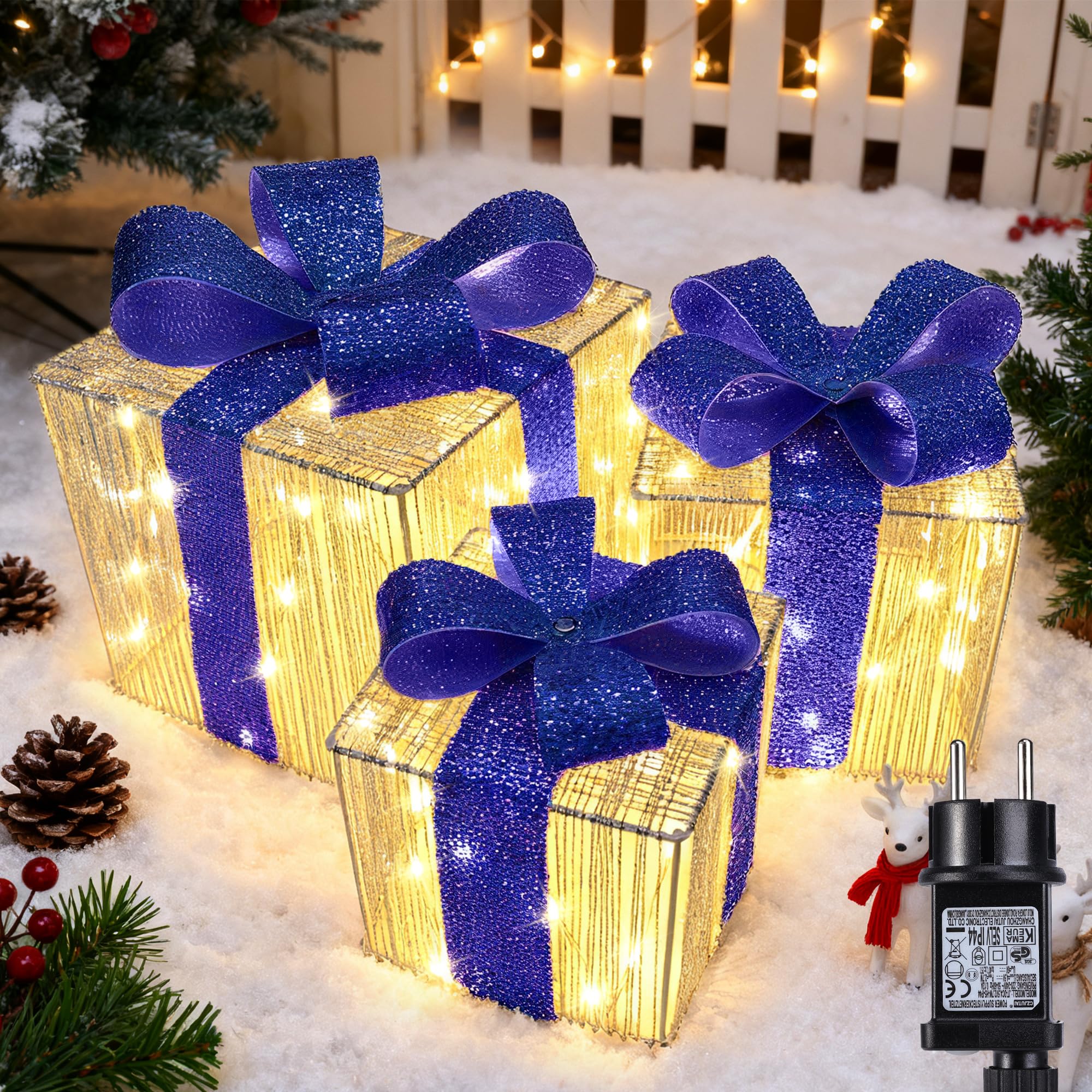 iBaycon Coffrets Cadeaux Lumineux De Noël,Blanc Chaud Lot De 3 Bleu | 140 Leds Coffrets Cadeaux Avec Minuterie Prise de Courant,Décorations De Noël ,Éclairage d'Extérieur Jardin Pelouse Cour
