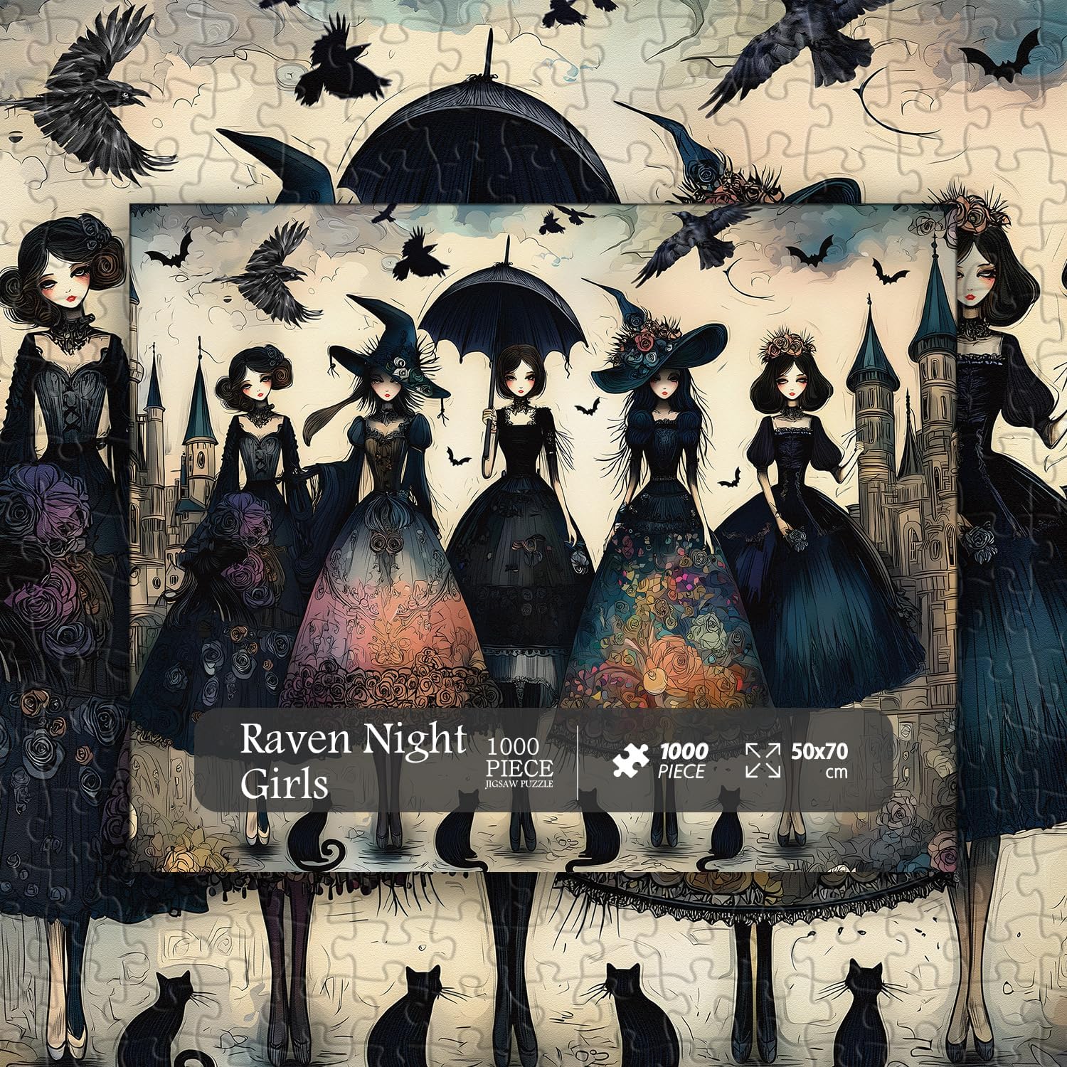 Raven Night Jigsaw Puzzle 1000 Pieces, Hard Puzzles for Adults Gothic Woman, Vintage Art Hard Impossible Puzzle as Scary Halloween Decor