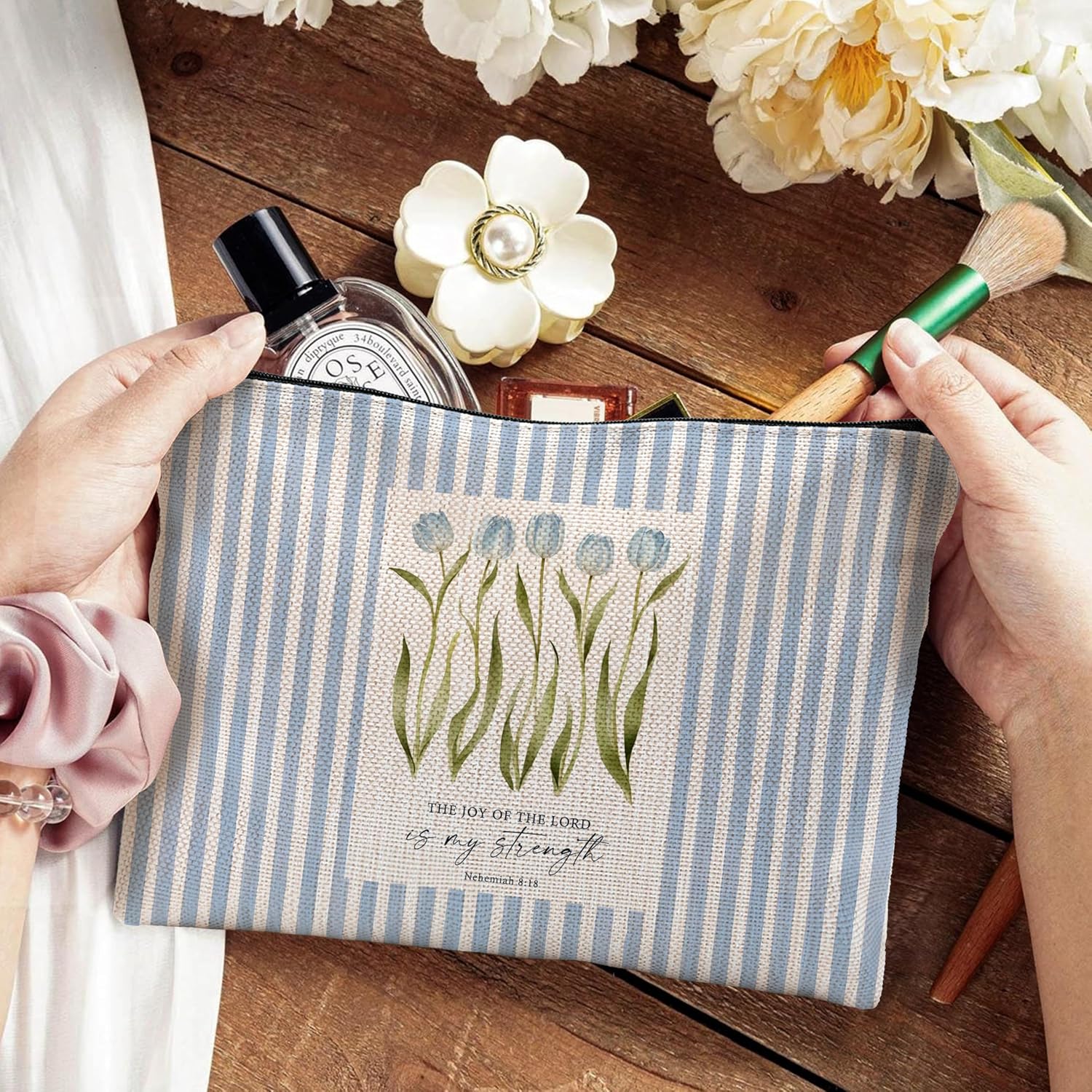 Blue Tulip Floral Christian Makeup Bag, Nehemiah 8:18 Bible Verses Scripture Religious Bible Verse Scripture Cosmetic Bags Toiletry Bag for Women, Blue Striped Flower Religious Makeup Pouch image 4