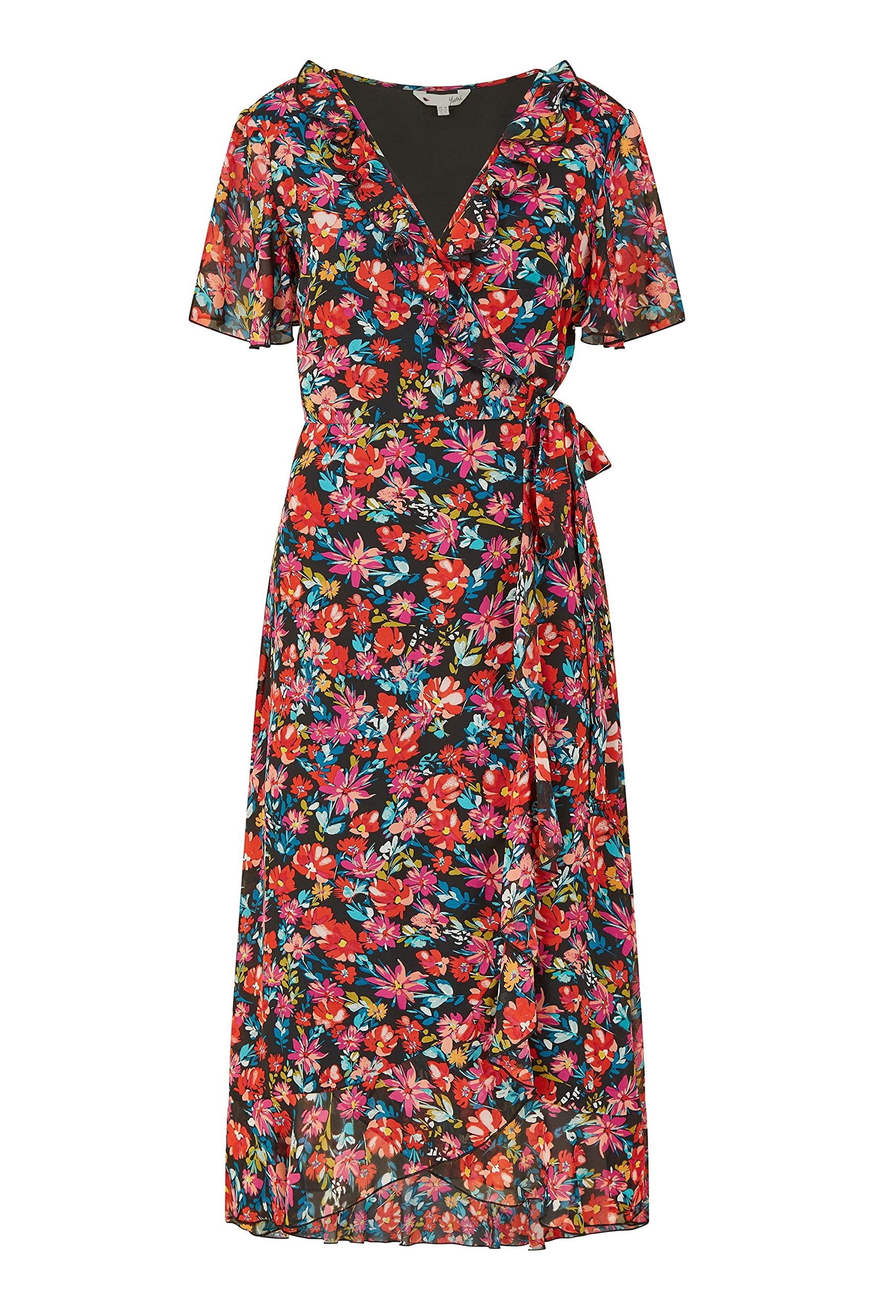 Yumi Women's Black Floral Wrap Midi Dress Size 18