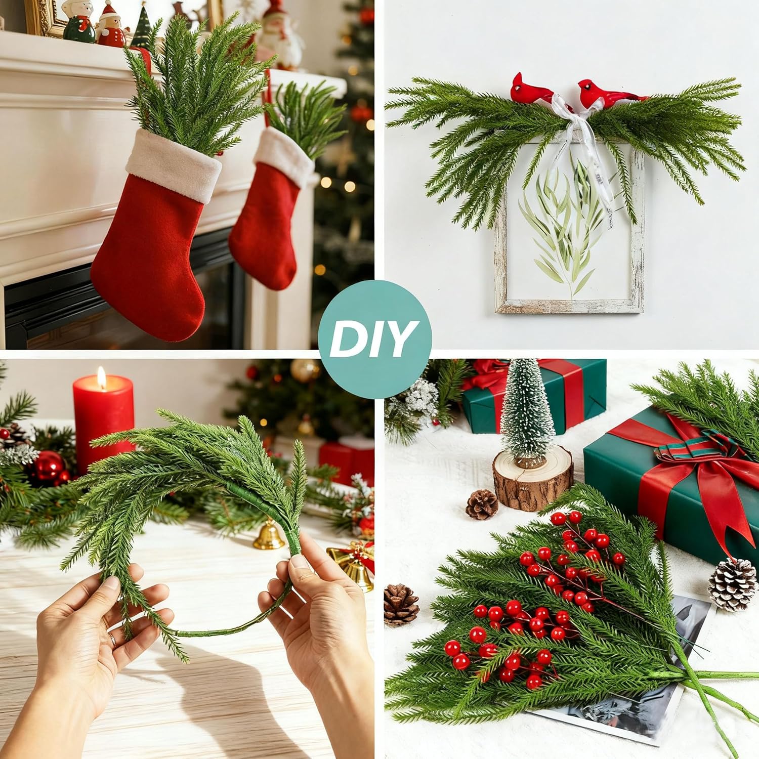 12 PCS Christmas Norfolk Pine Branches, 17 Inch Real Touch Artificial Norfolk Pine Stems,Fake Greenery Branches Picks for Vase DIY Garland Wreath Xmas Indoor Home Decoration - Image 4