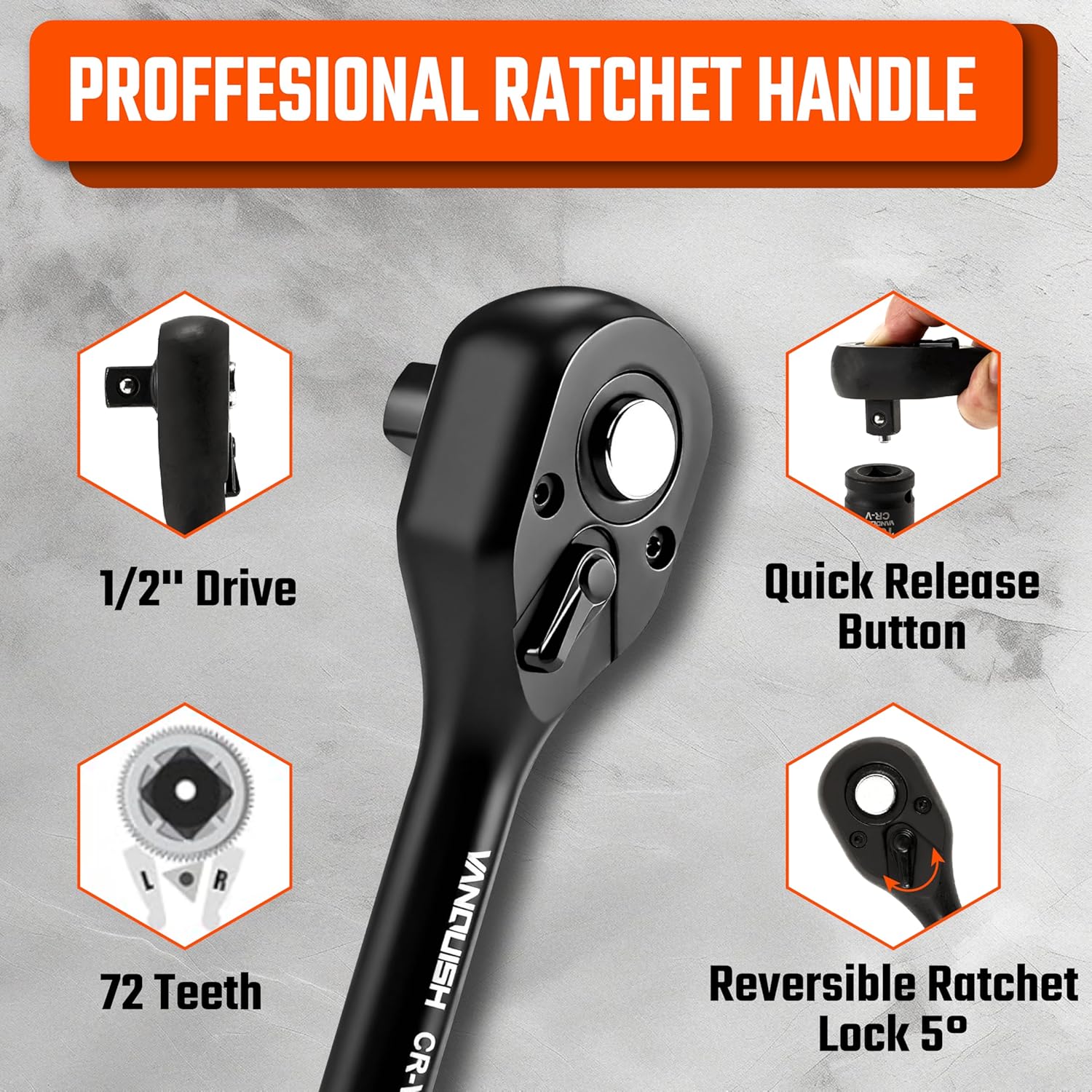 VANQUISH 1/2" Drive Impact Socket Set, 24-Piece Shallow Standard SAE (7/16"-1") & Metric (13-24mm) Size, 72 Teeth Ratchet Handle, 5" Extension Bar 8994