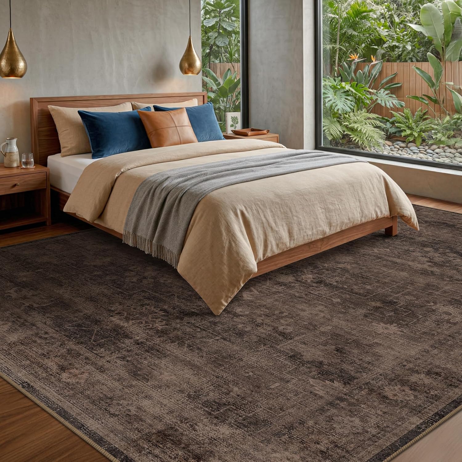 Farmhouse 8x10 Dark Taupe Brown Area Rugs for Living Room, Modern Boho Vintage Rug for Bedroom, Dining Room with Distressed Geometric Design, Washable Stain Resistant Low Pile Non-Slip Ultra Soft