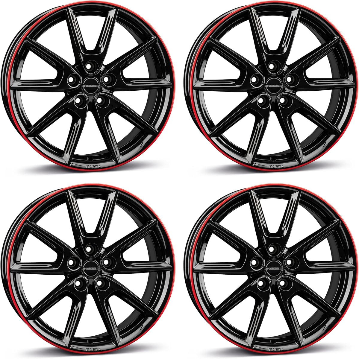 4x Llantas de aleación Borbet LX18 8x18 ET40 5x114,3 negro brillante llanta rojo compatible con Honda Accord Civic Civic Tourer Ceed CR-V CR-Z FR-V HR-V Stream Z
