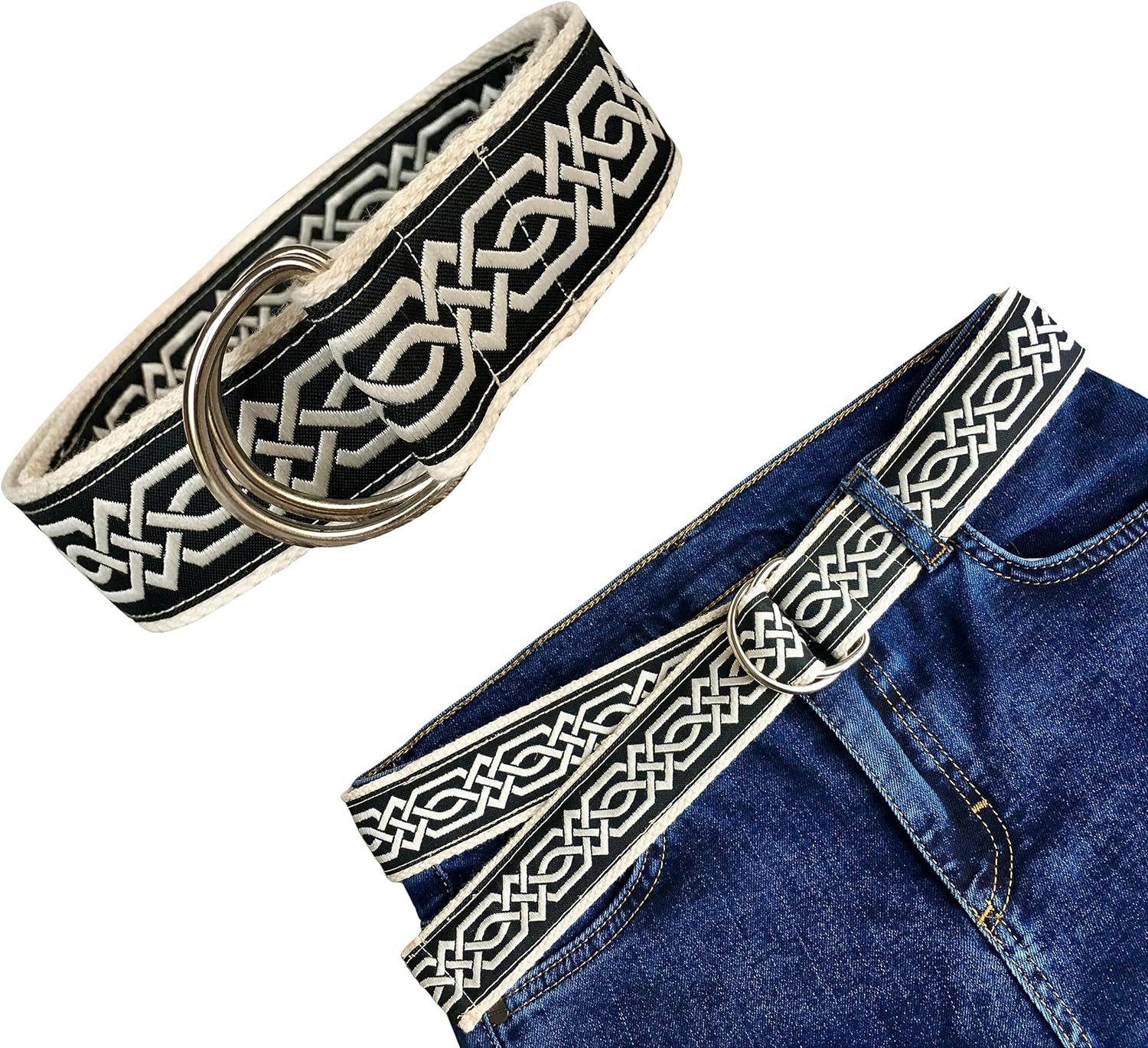 Celtic Knot Jacquard Ribbon Belt, Men or Women Canvas D Ring Belts, Handmade Ethnic Friend Gift, Webbing Belts, Gift For Her